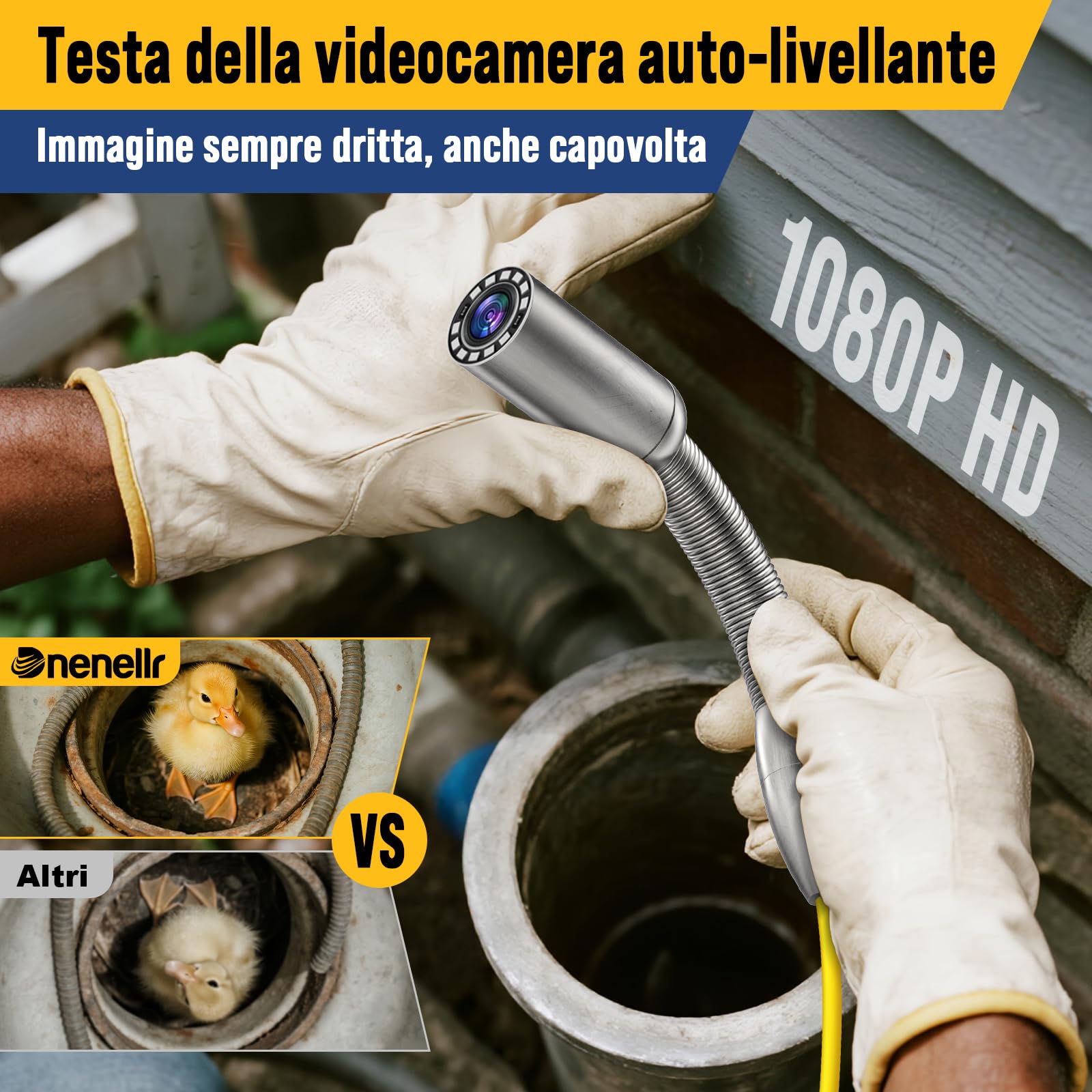 Telecamera Ispezione Tubi Con Sonda 512Hz E Funzione Auto-Livellante 1080P, Cavo Con Segni Metrici, Schermo IPS HD da 9 Pollici, DVR 32GB, Batteria 5100mAh, Impermeabile IP68 (30M)