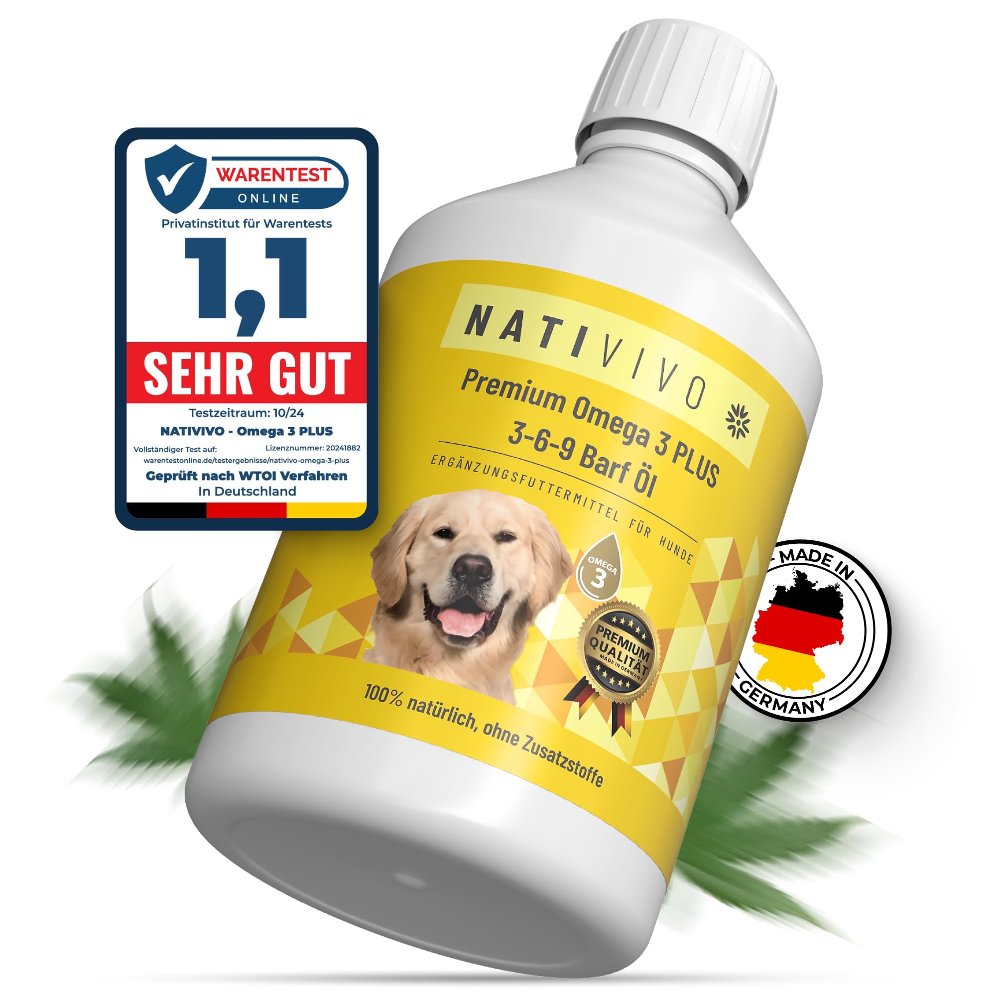 NatiVivo Premium Omega 3-6-9 Hunde Barföl 250ml Omega 3 Boost Fischöl mit Hanfsamenöl 100% natürlich Hochwertige Ergänzung für Barf & Trockenfutter Made in Germany