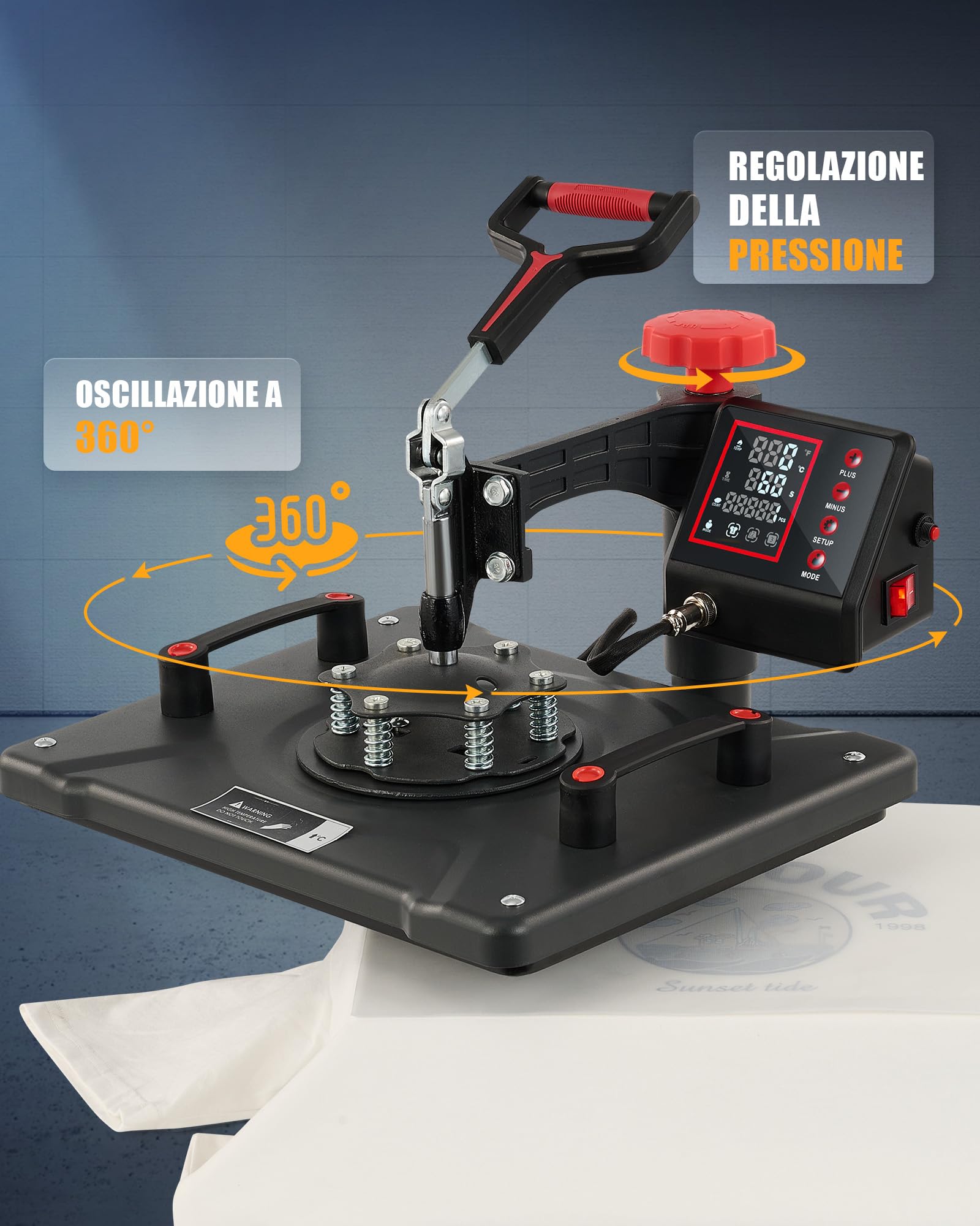 CREWORKS 5 IN1 Pressa a Caldo 30 X 38CM 1250W Pressa a Calore Macchina Sublimazione Digitale Rotazione a 360 Gradi Trasferimento Multifunzione con Termopressa per Magliette Cappellini T-Shirt Tazze