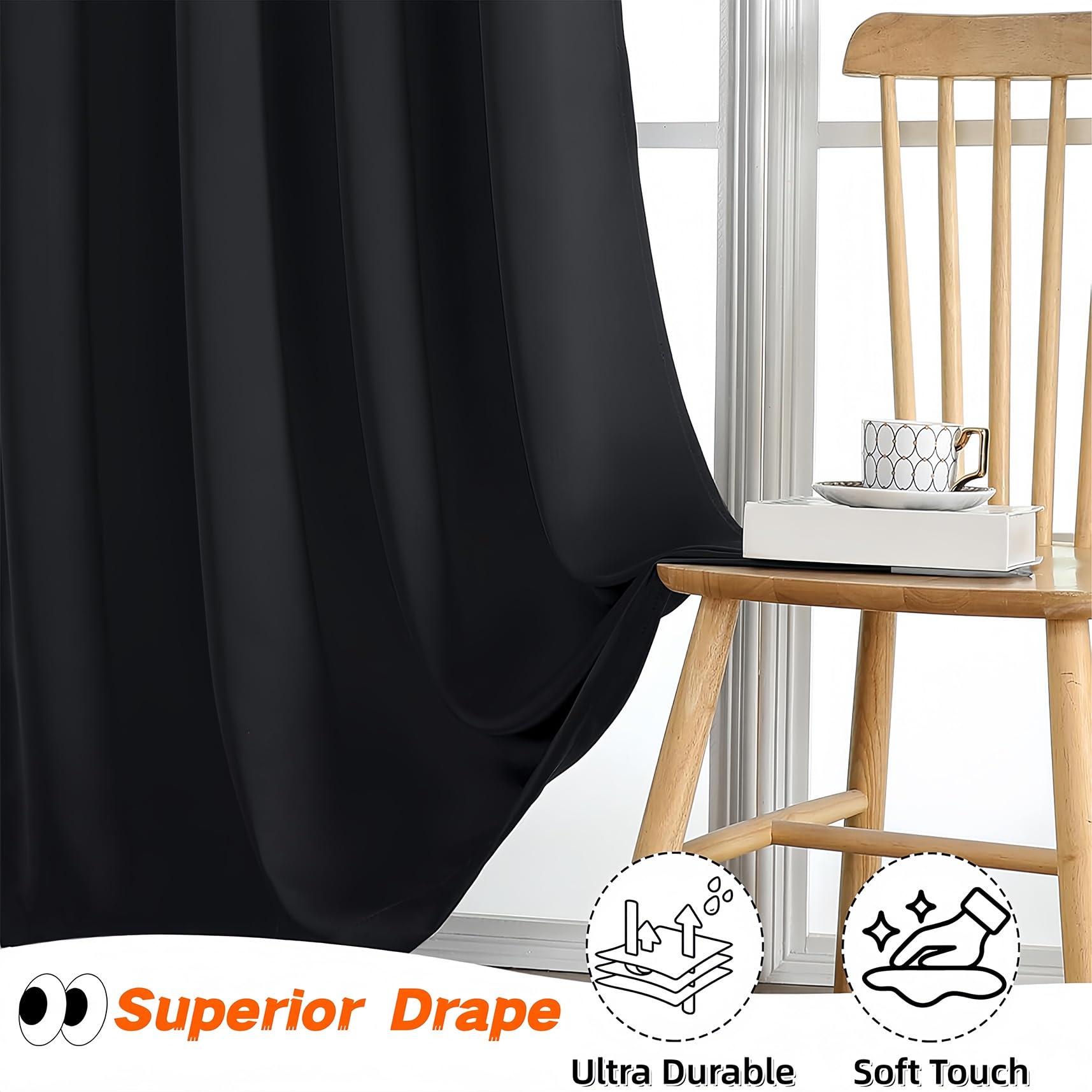 Hitzeschutz Gardinen Vorhänge 140 x 200 cm Wärme, Gegen Kälte, Schalldämmende Thermovorhang Hitzeschutz Türvorhang 1Er Set für Wohnzimmer Kinderzimmer Schlafzimmer Fenster, Schwarz