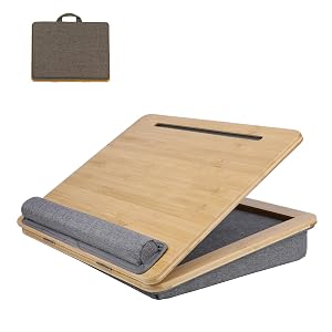SUMISKY Adjustable Lap Desk-Portable Laptop Stand with Cushion Bamboo Platform with Phone Holder Wrist Pad Fits up to