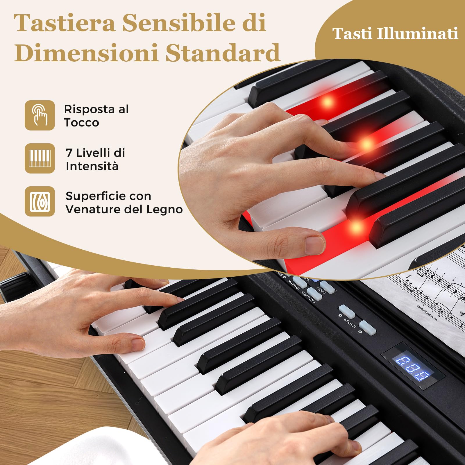 COSTWAY Tastiera Pianoforte Elettrico a 88 Tasti, Piano Digitale con Supporto e Sgabello Regolabili, Tastiera Sensibile, Tasti e Pulsanti Illuminati, Funzione MIDI, Pedale di Sustain, Cuffie (Nero)