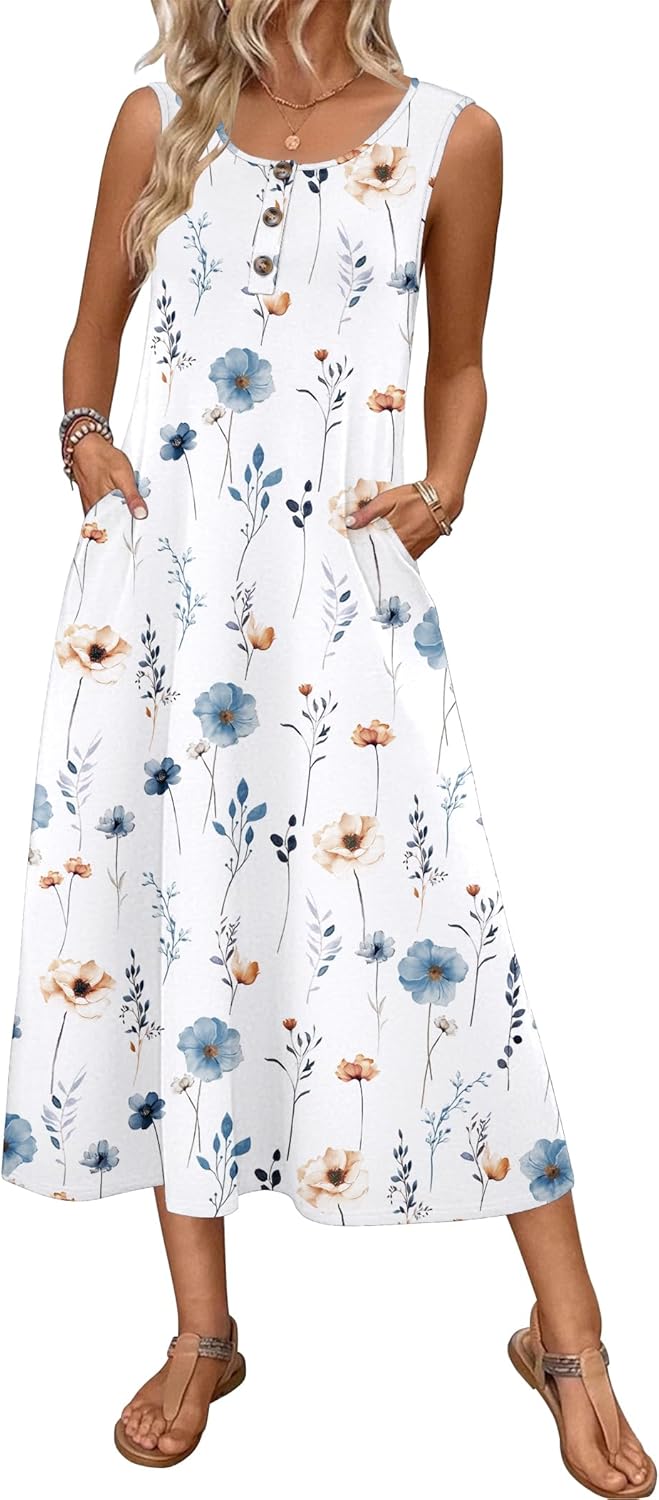 Zeagoo Women Summer Midi Dress 2026 Sleeveless Casual Beach Sundress Button Down Loose Spring Tank Dresses with Pockets
