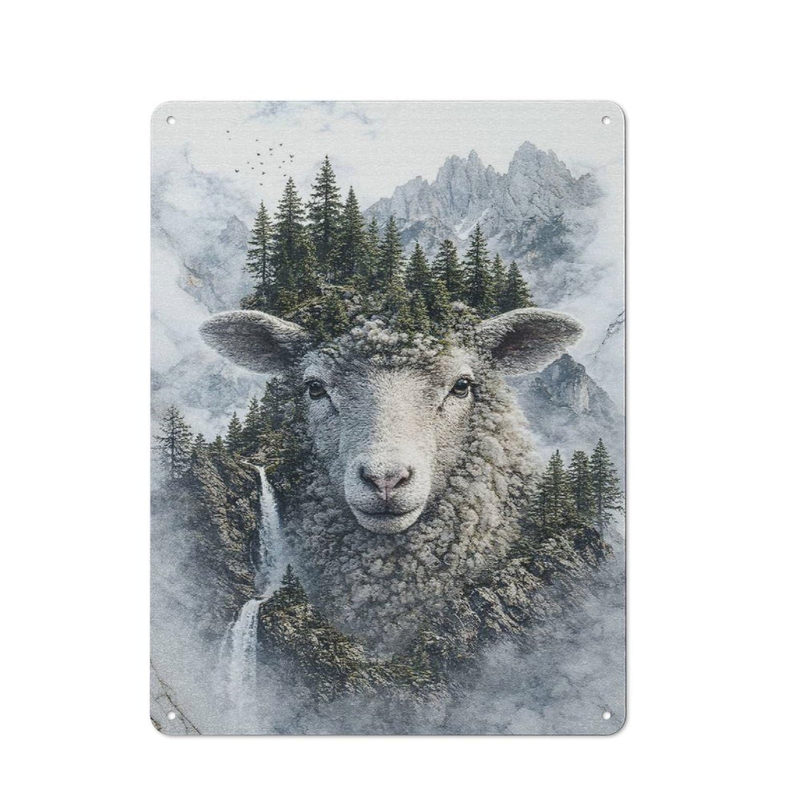 Junmoney Style-11 Decorative Tin Plaque With Sheep The Forest’s Supreme Protector Design 40X30cm, Nostalgic Home Bar Decor For Bar, Kitchen, Garage Or Games Room