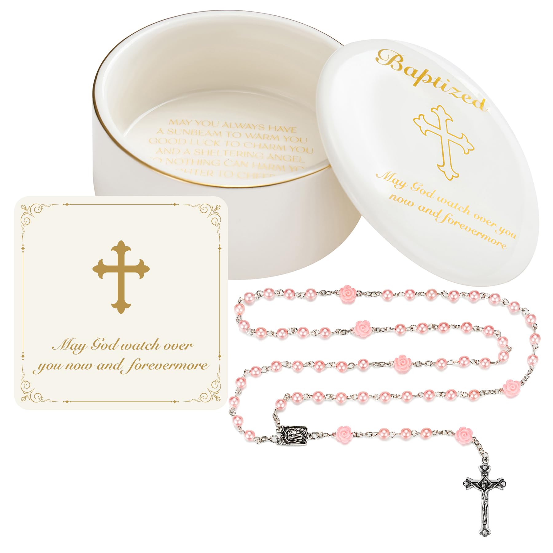 NORBU Baptism Gifts for Girl, My First Rosary with Ceramic Keepsake Box
