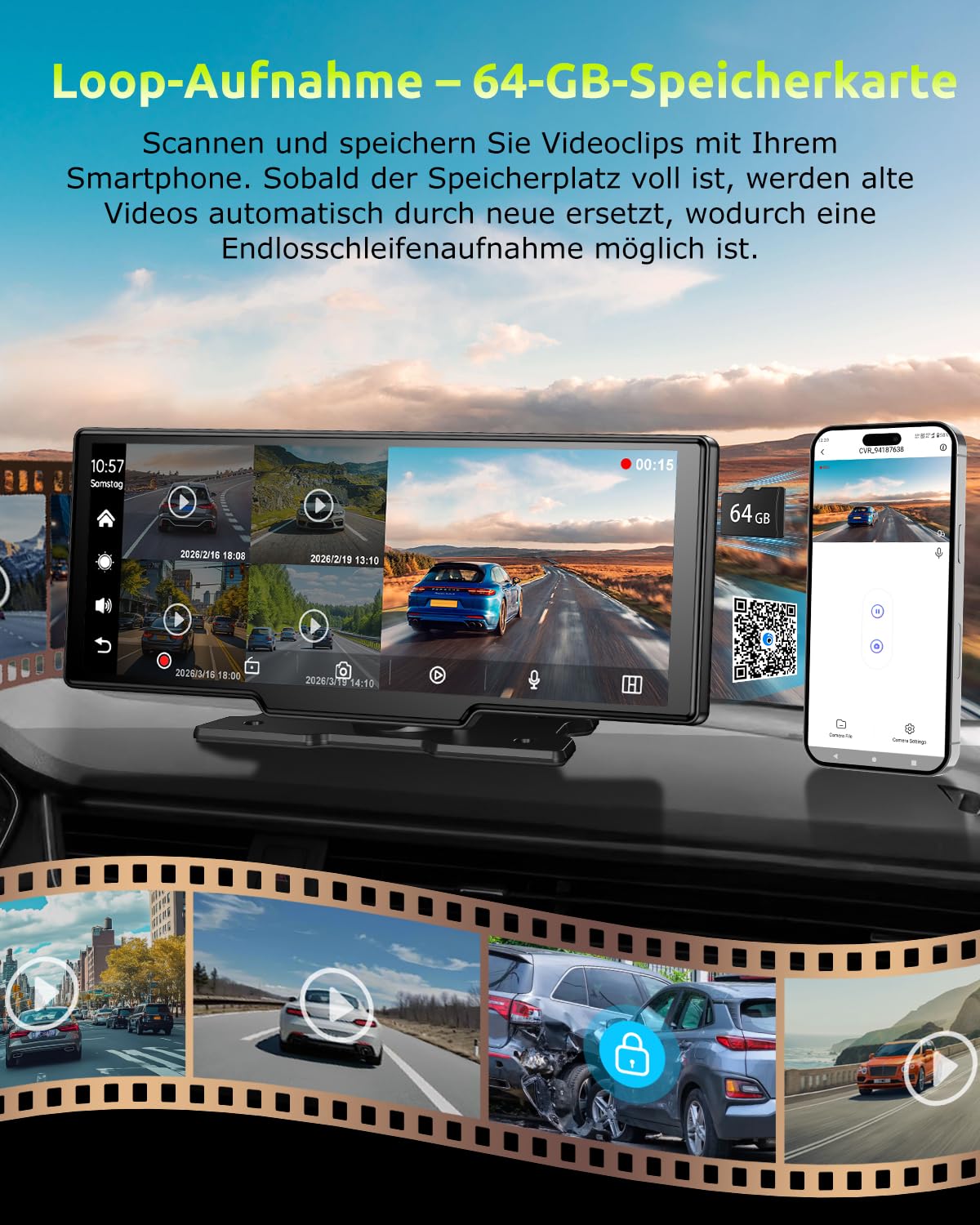 ESSGOO 10.26 Zoll Kabelloses CarPlay Display mit 4K Dashcam 1080P Rückfahrkamera Drahtloser Apple CarPlay & Android Auto, IPS Touchscreen,Bluetooth 5.3,Mirror Link,GPS,FM,AUX, Sprachsteuerung,64GB TF