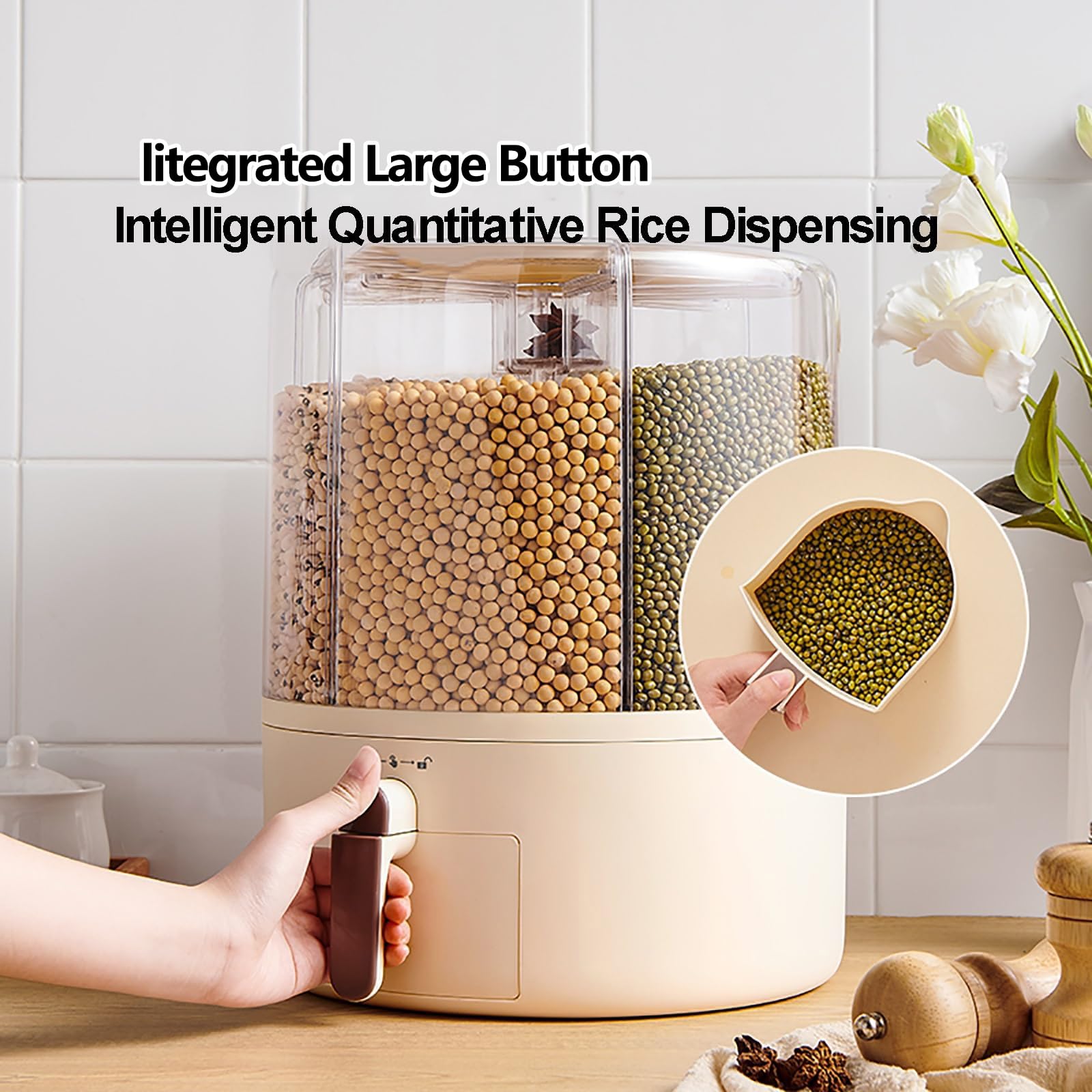 Dispensador de cereales de 6 rejillas, recipiente giratorio hermético para almacenamiento de alimentos para granos pequeños, frijoles, arroz, almacenamiento de alimentos secos de 7.2 L con tapas