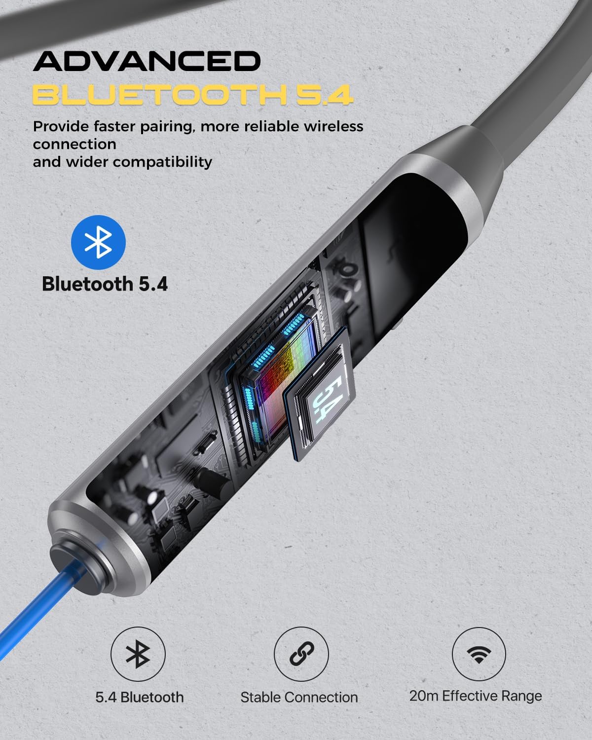 Close-up of the MIPEACE earplug headphone control module with a charging cable inserted