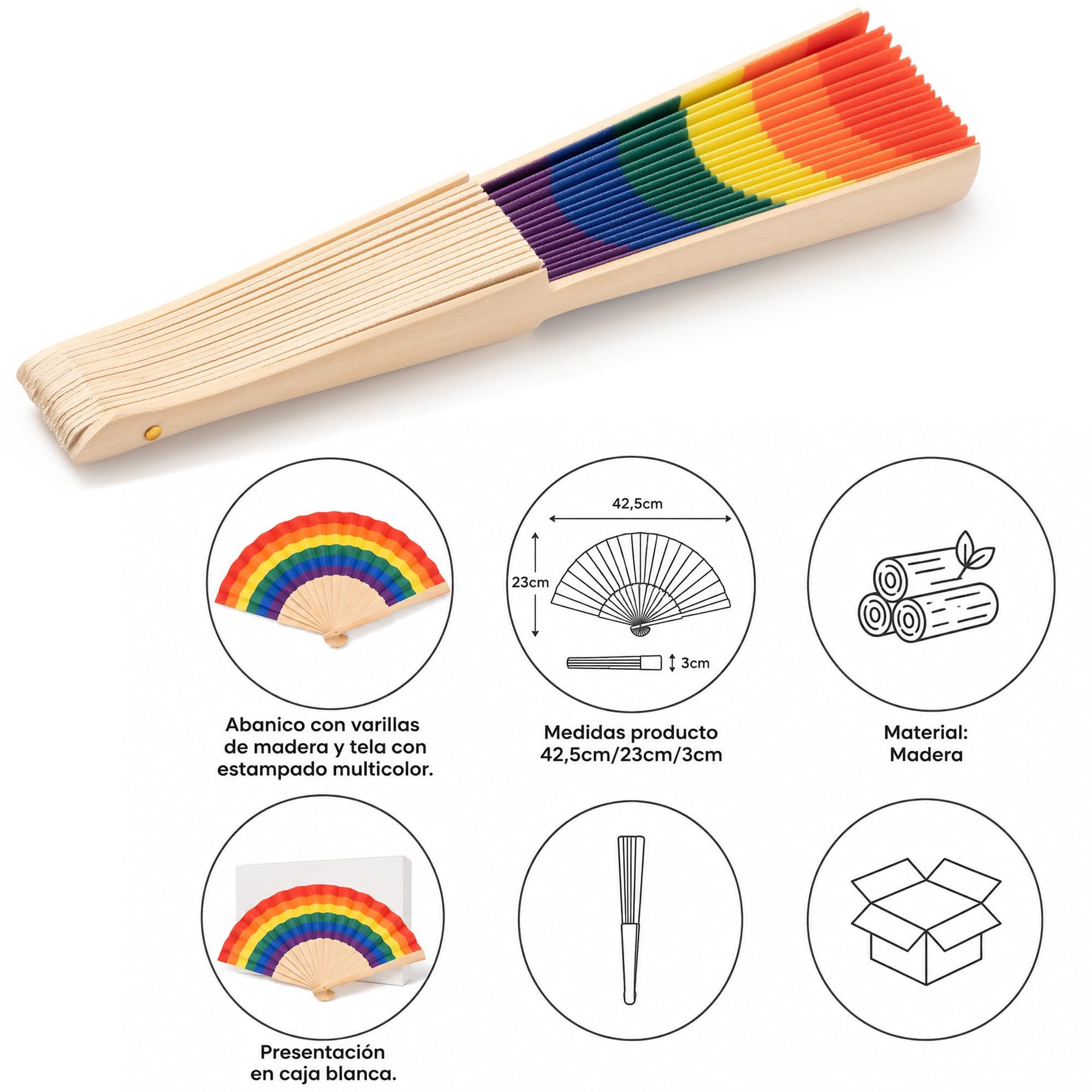 Pack 20 Abanico Multicolor Pride con Estampado Arcoíris, Varillas de Madera, Tela Multicolor, Ideal para Eventos, Desfiles, Fiestas Pride, Producto Ligero con Caja Blanca, Medidas 42,5x23x3 cm