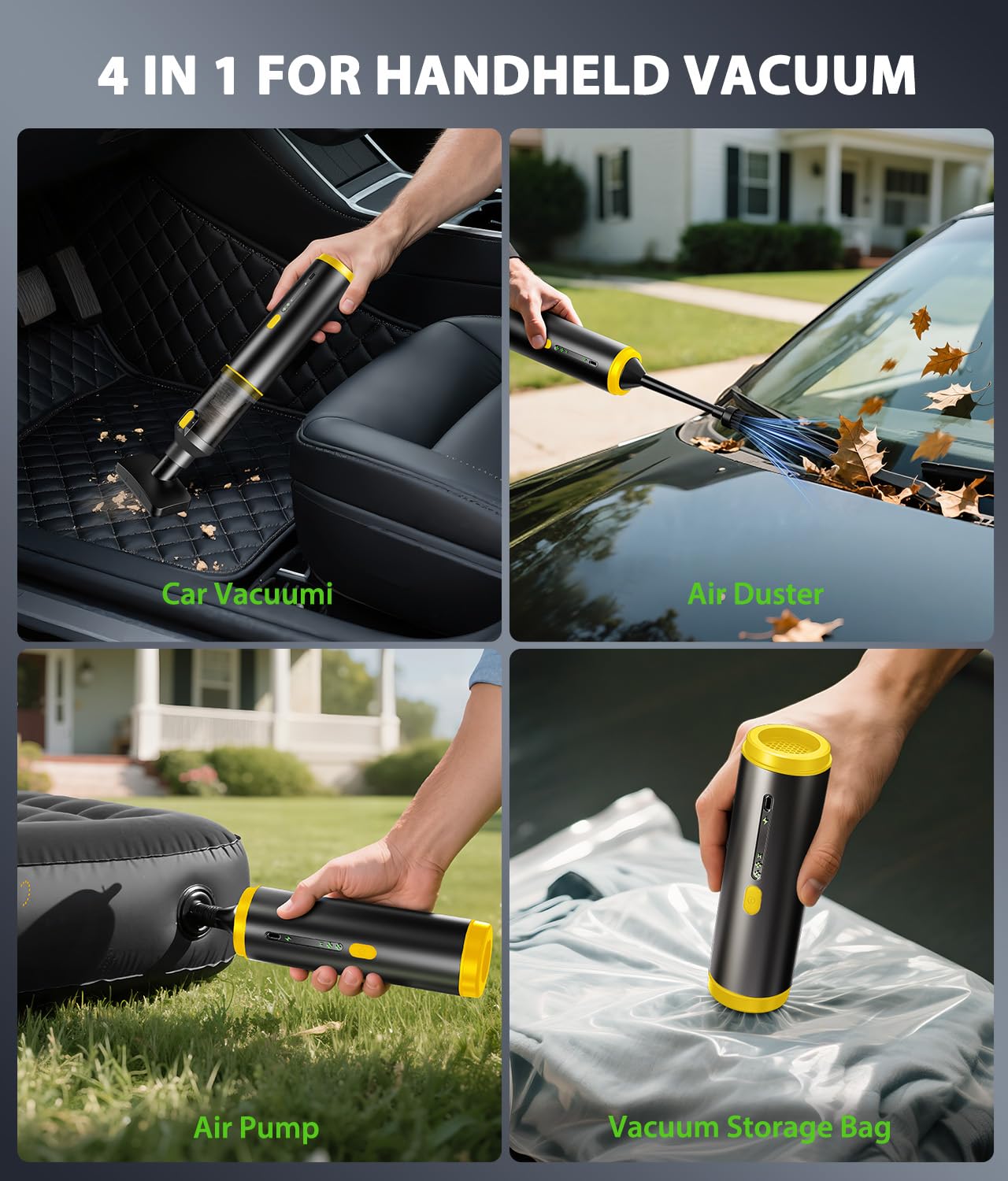 Car Vacuum Portable Cordless Handheld Vacuum Cleaner 4-in-1 Mini Cordless Vacuum with 2 Suction Modes and 16800pa Suction Power Blowing & Inflating 2 Modes Handheld Vacuum for Car, Desk, Keyboards view 2