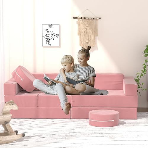XJD Sofá modular de pepitas para niños, 14 piezas, sofá de juego imaginativo para niños y niñas, sofá plegable para sala de juegos, color rosa