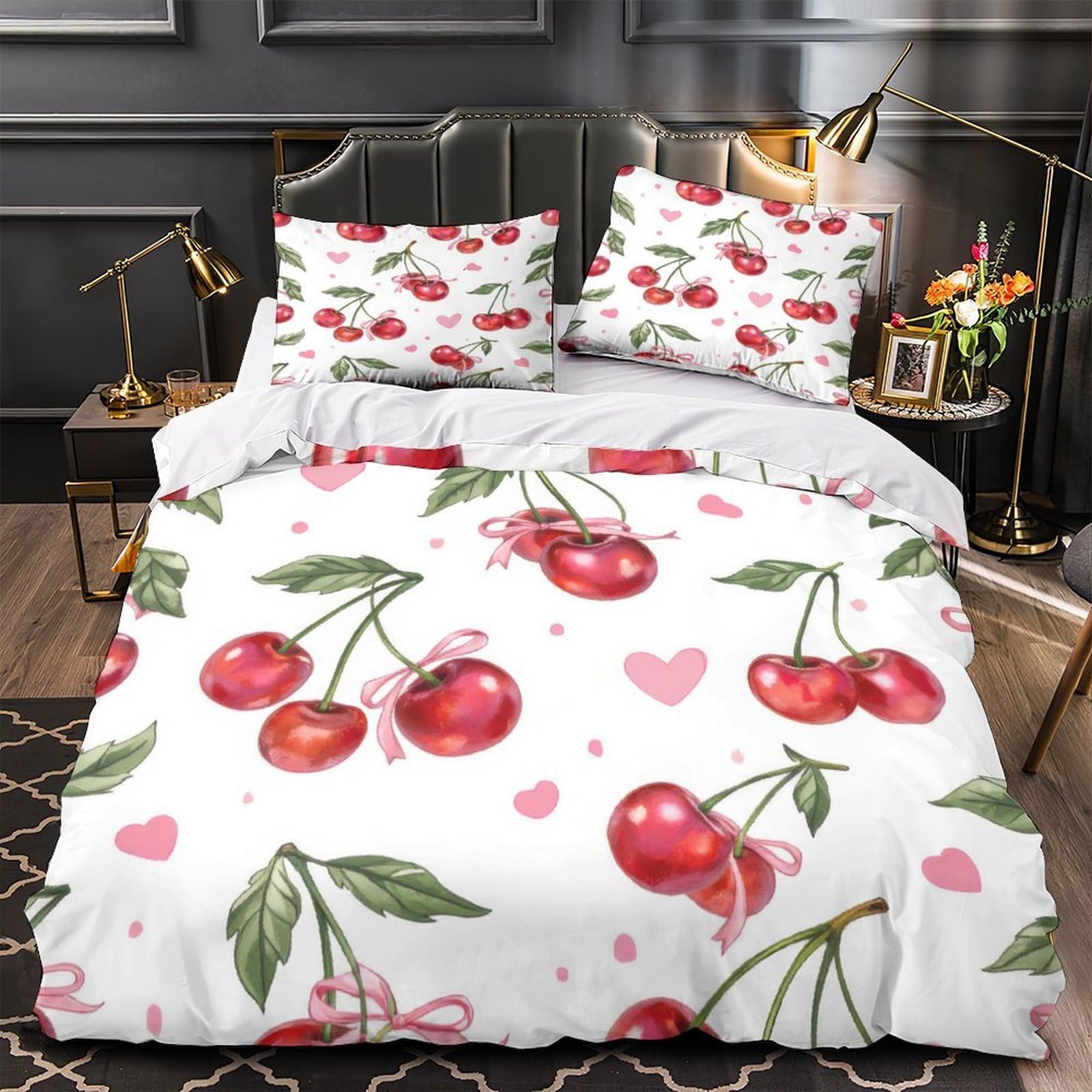 Housse de couette imprimé 3D cerise hypoallergique avec parure lit douillette
