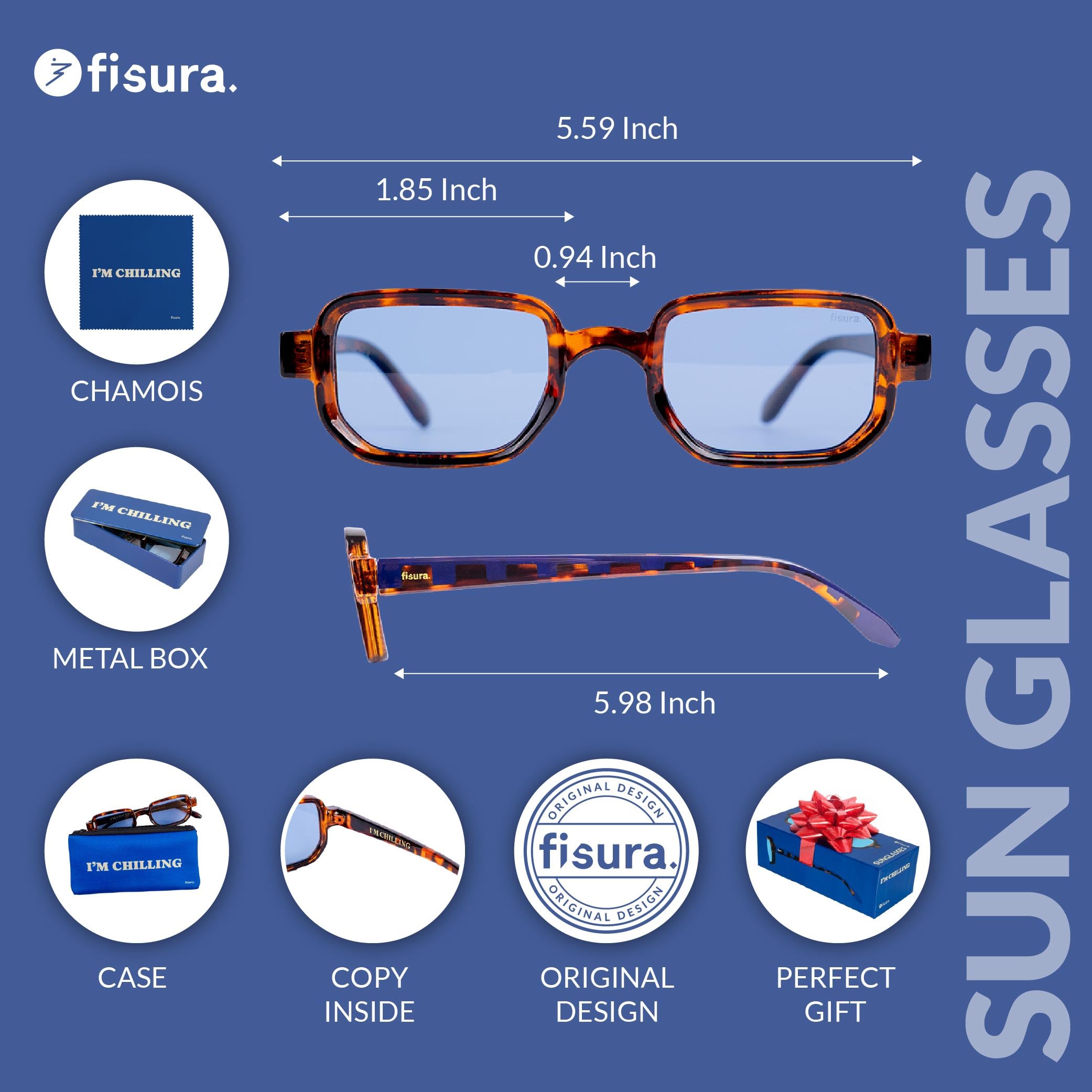 Fisura – Oryginalne damskie okulary przeciwsłoneczne "I'm chilling”. Polaryzacyjne okulary dla kobiet z futerałem, ściereczką do czyszczenia i metalowym opakowaniem do bezpiecznego przechowywania.