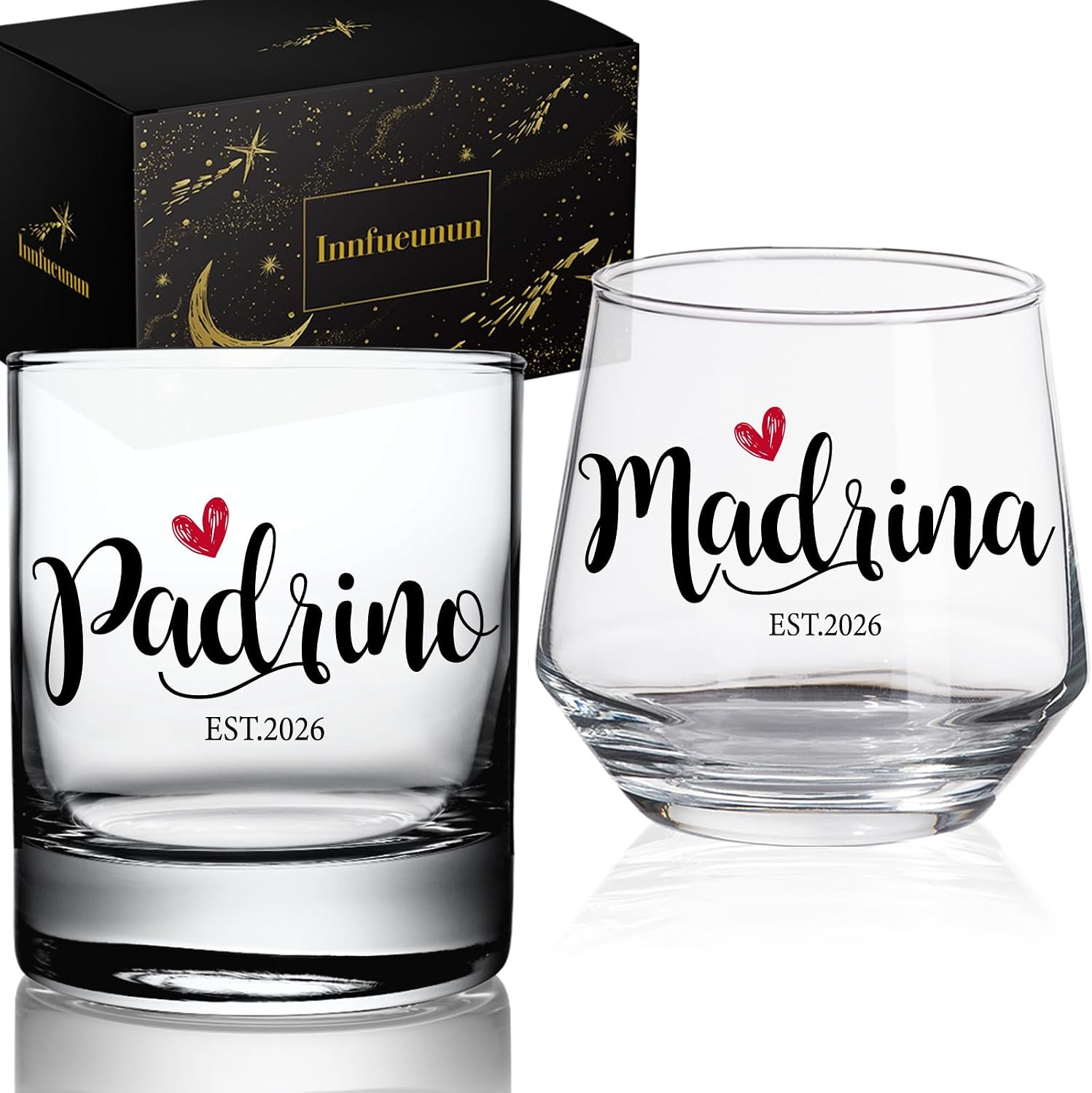 Est 2026 Padrino Madrina Wine & Whiskey Glass Set | Godparents proposal gift with fixed Padrino/Madrina print, gift box, thick base, dishwasher and microwave safe