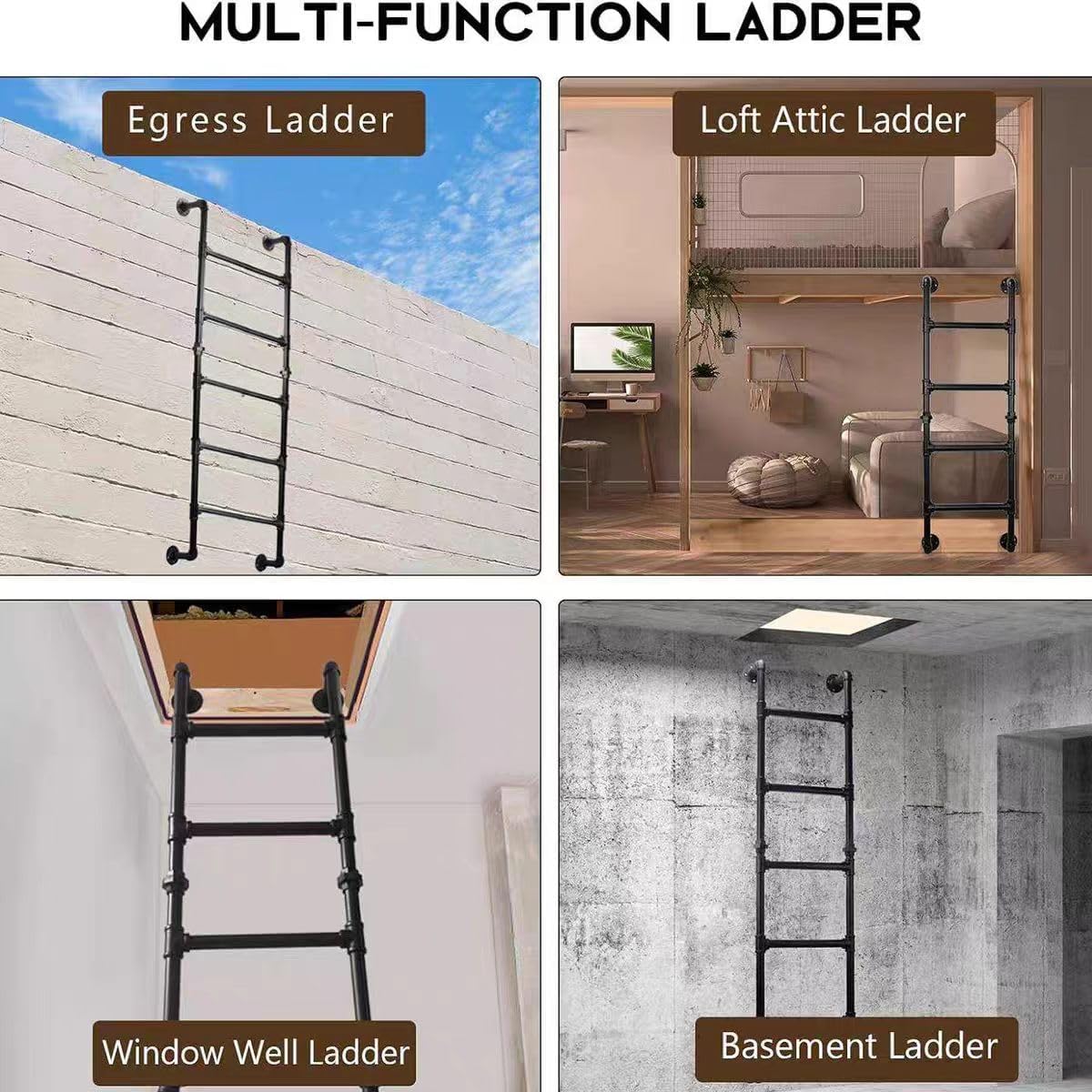 Egress Ladder Basement, 300LBS Load Capacity Wrought Iron Basement Ladder, Heavy Duty Wall Mounted Hanging Ladders for Outdoor Roof/Garage (170cm/67in)