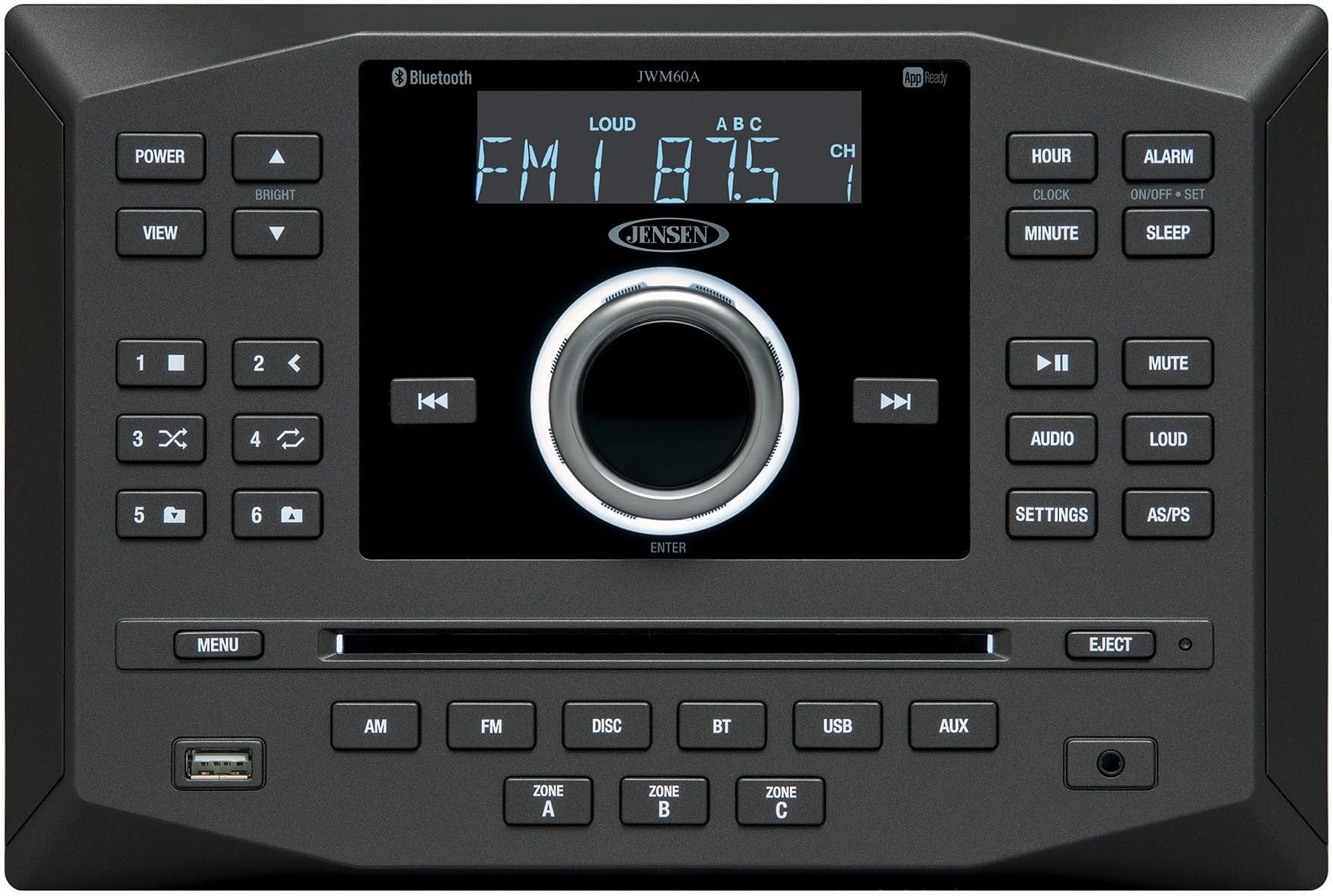 JWM62A AM|FM|DVD|CD|USB|AUX|App Ready Bluetooth Wallmount Stereo w/ App Control, 3-Speaker Zones / 8 Speaker Output 8X 6 Watt, Receives Bluetooth Audio (A2DP) & Controls (AVRCP) from Devices
