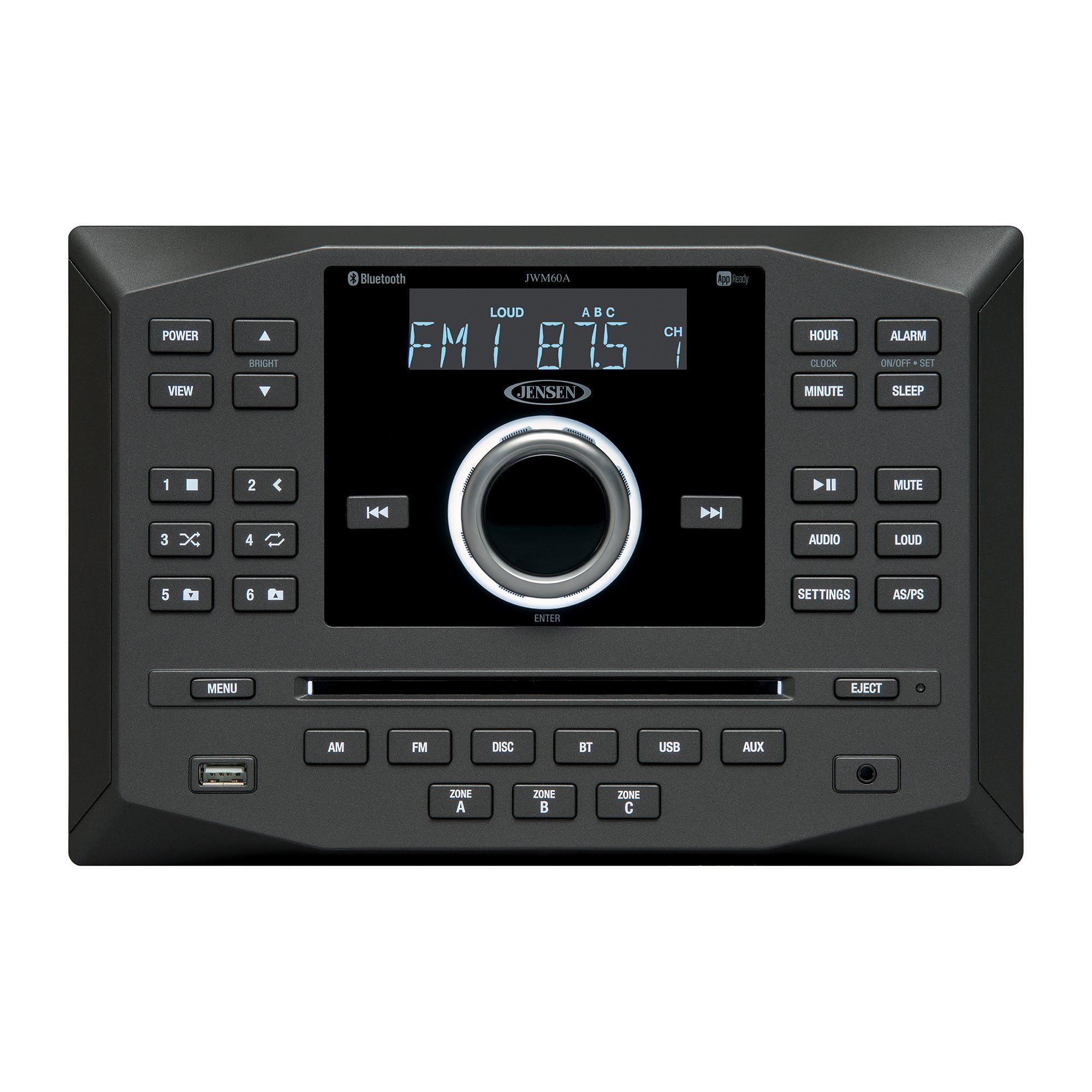 JensenJWM62A AM|FM|DVD|CD|USB|AUX|App Ready Bluetooth Wallmount Stereo w/ App Control, 3-Speaker Zones / 8 Speaker Output 8X 6 Watt, Receives Bluetooth Audio (A2DP) & Controls (AVRCP) from Devices