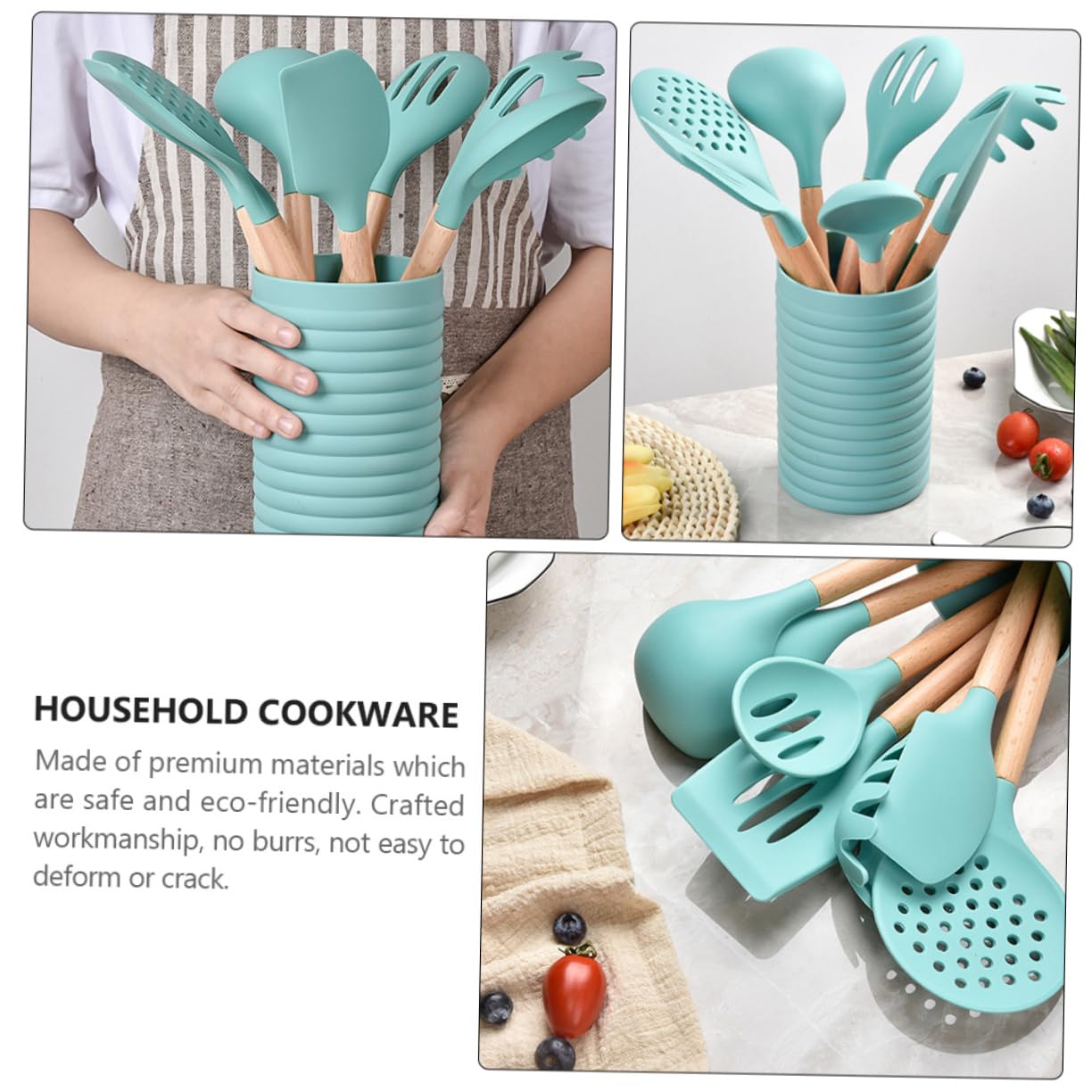1satz Teiliges Küchenutensilien-Set Holzgriff Hitzebeständig Und Antihaftbeschichtet Für Sicheres Kochen Cyan Inkl Spatel Löffel Und Teigschaber