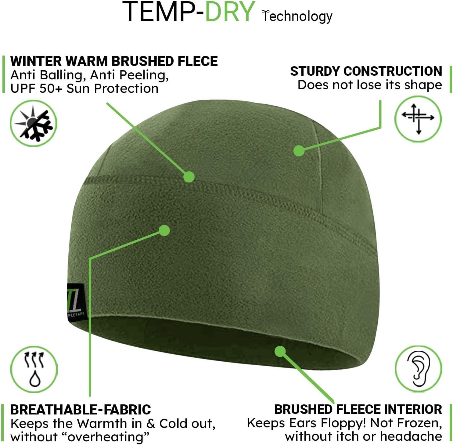 Temple Tape Tactical Fleece Watch Cap Beanie – Skull Cap Fleece Hat - Mens & Women - Image 2