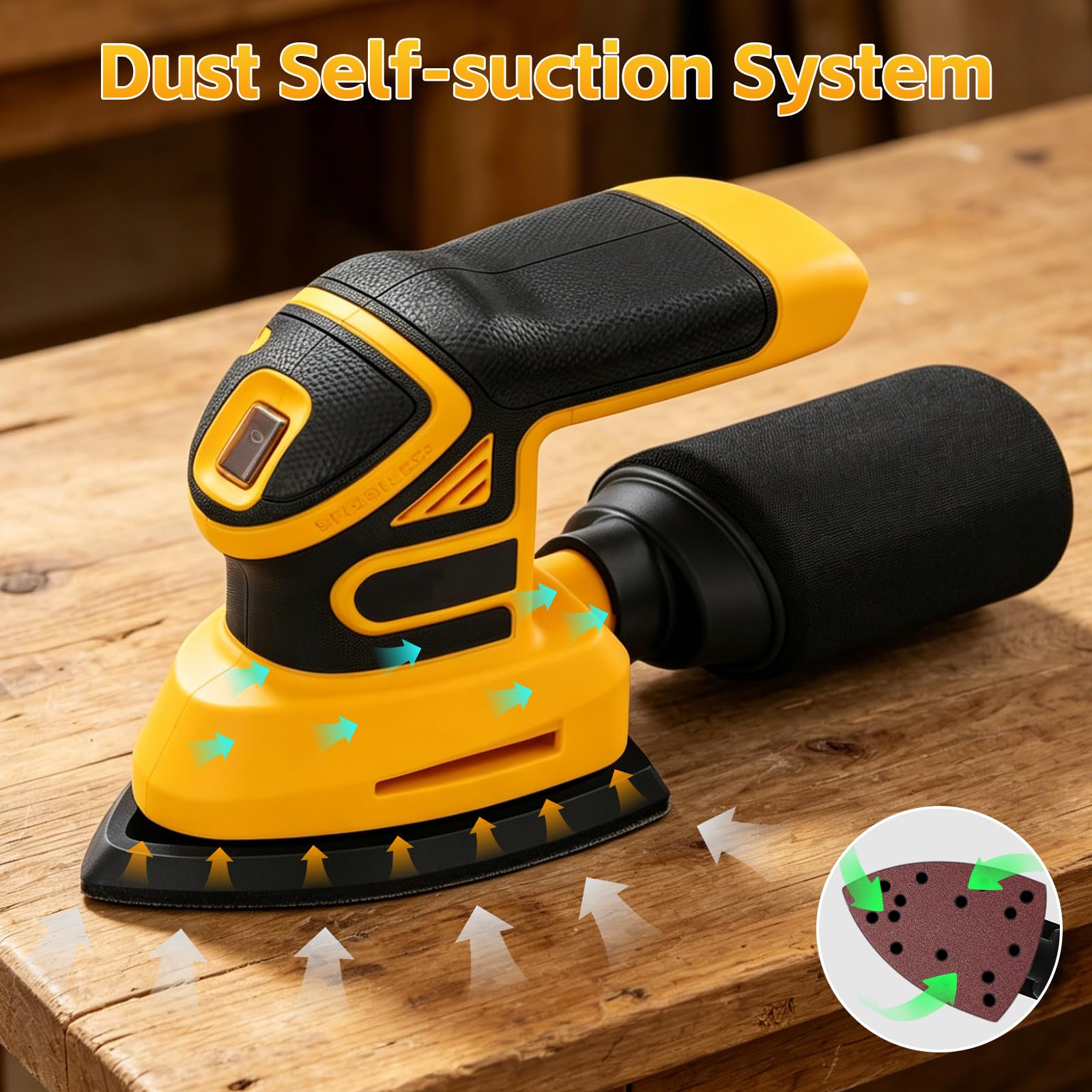 Lijadora Delta Inalámbrica Compatible con Dewalt 20V, Lijadora Multifunción con Bolsa de Recolección de Polvo 12 Hojas Abrasivas Para Lijar, Pulido y Trabajo Madera (sin Batería)