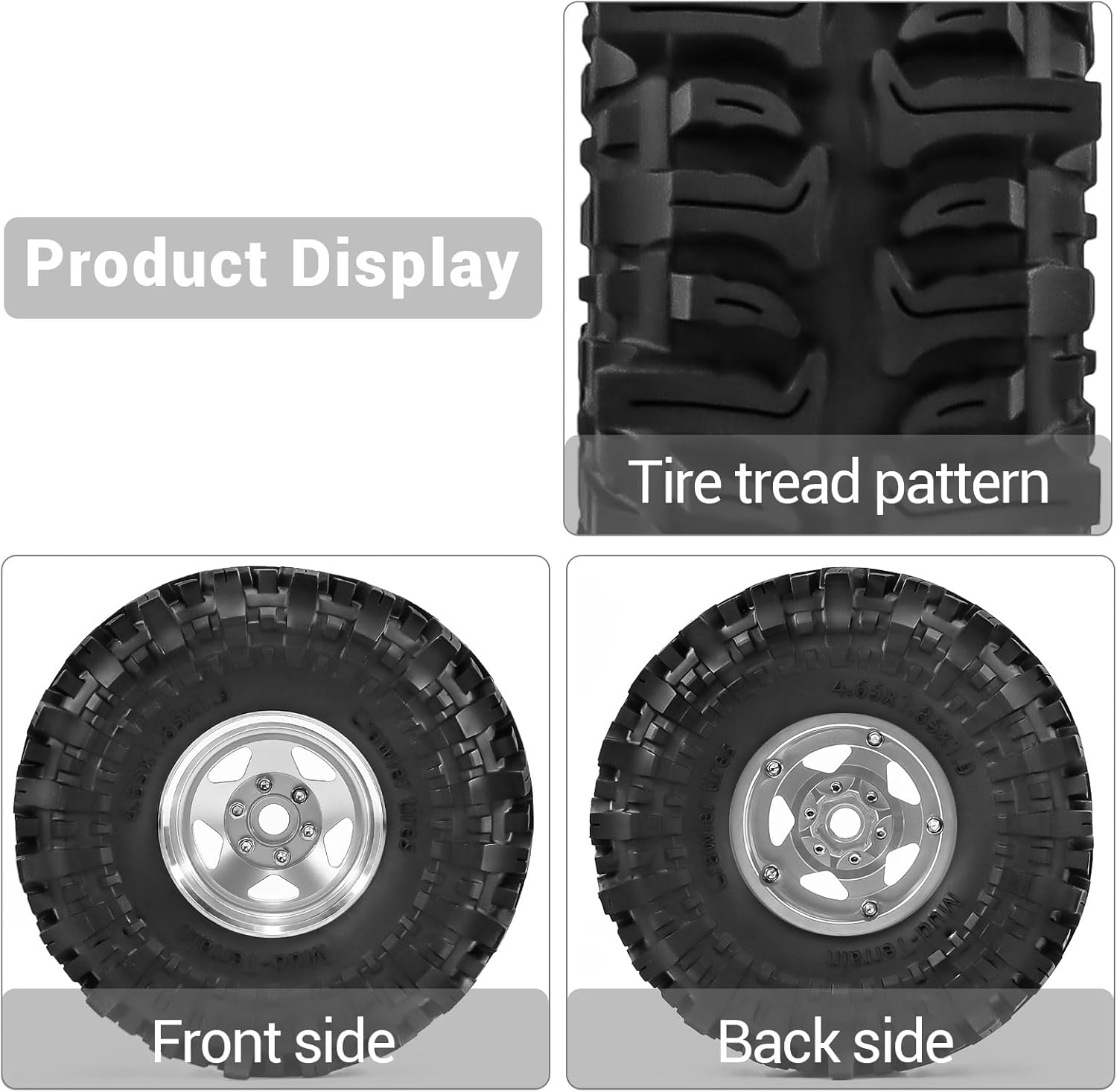 1.9" Pre-Assembled Beadlock Wheels and Tires 118mm (4.65in) for SCX10 TRX4 1/10 RC Crawlers – Aluminum Rims, Soft Rubber Tires with Foam Inserts, Easy-Install Upgrade Parts (Silvery)