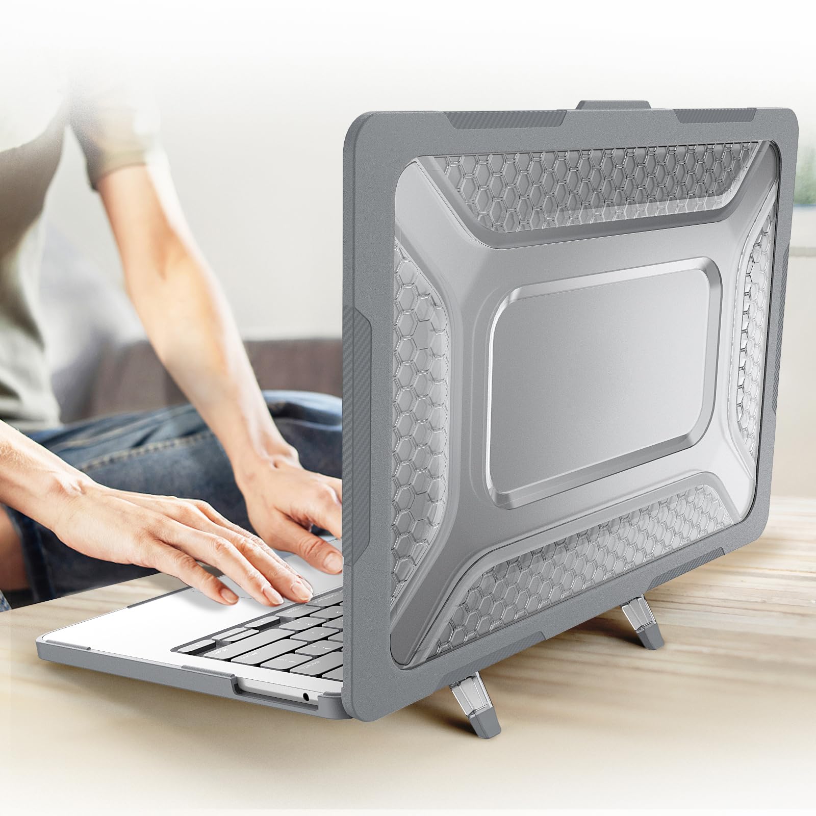 ProElite Case for MacBook Air 13.6 inch 2022 2023 2024 2025 Release M5/M4/M3 A3113 M2 A2681 with Touch ID,Heavy Duty Honeycomb Hard Shell with Slim TPU Bumper and Fold Kickstand, Grey 4