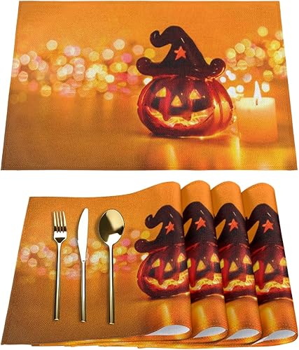 Halloween Beautiful Pumpkin with Witch Hat Placemats Set of 6 Fabric Placemats Square Placemat for Kitchen Table Heat Resistant, Easy to Clean Table