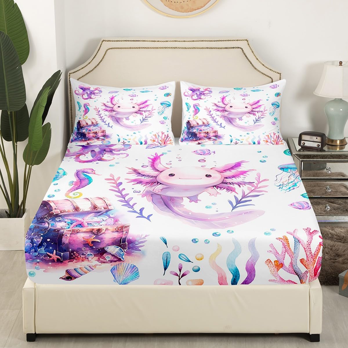 Manfei Cute Axolotl Bed Sheet Set Twin Size,Kids Salamander Animals Sheet Set Kids Teens,Coral Underwater World Bedding Decor Set with 1 Flat & 1 Fitted Sheet with 1 Pillow Sham