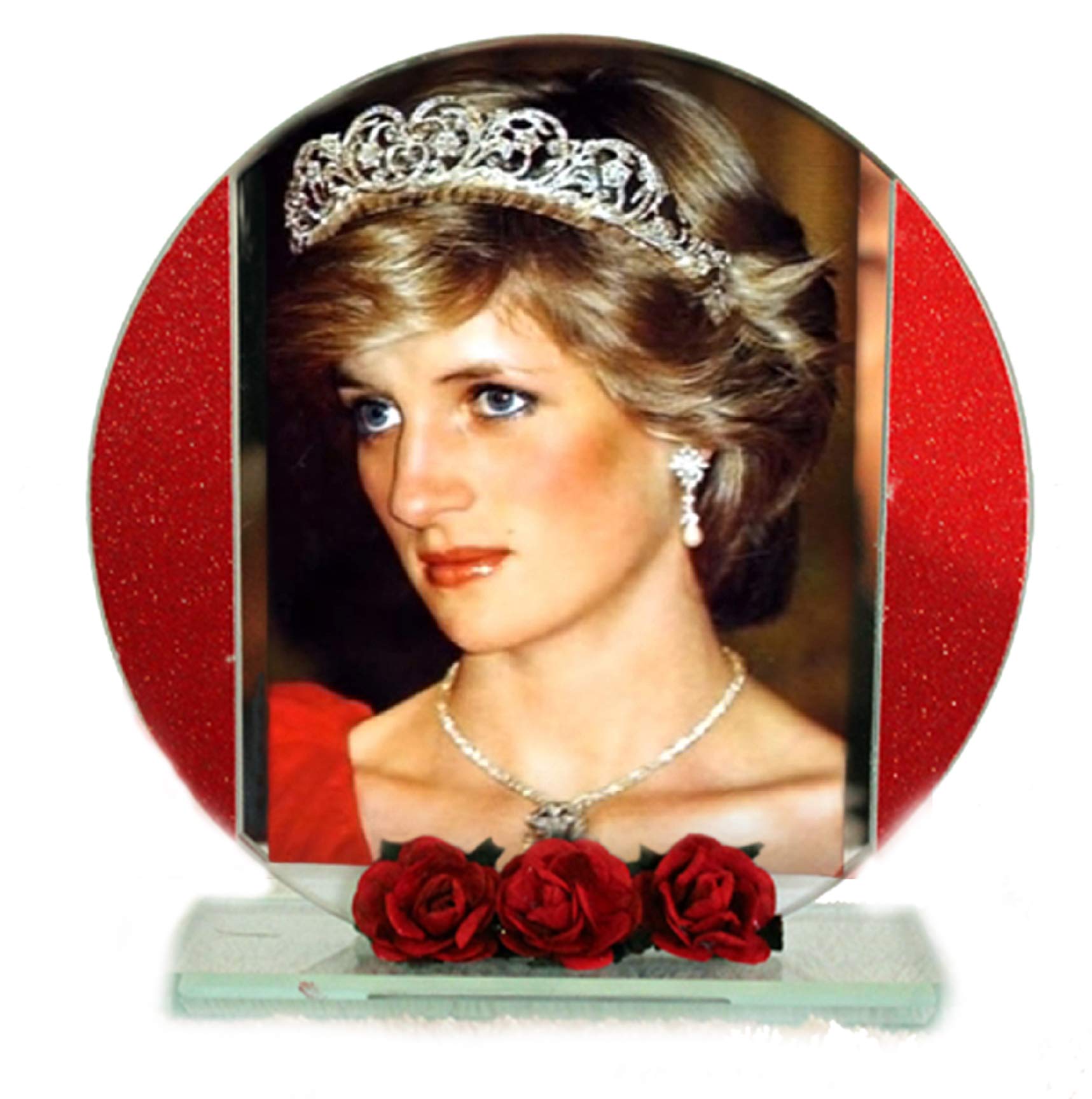 Cellini Plaques Red Princess Diana, English Rose, Photo Cut Glass Round Frame Plaque & Roses, Limited Edition