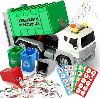 Garbage Truck Toy with Lights and Sounds, Friction-Powered Recycling Truck Toy with 4 Rear Loader Trash Cans,Dump Truck Toy Play Vehicles Car Gifts Set for Kids Boys Girls