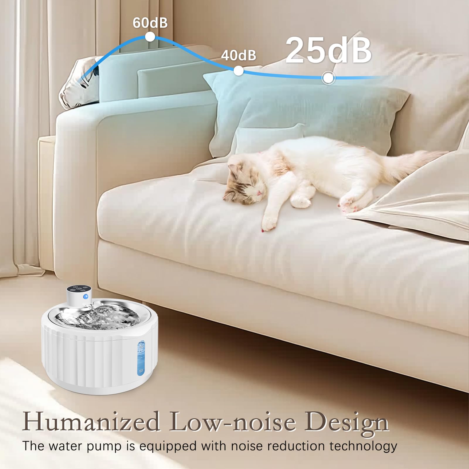 Fontanella per Gatti Senza Fili, 2.8L Fontanella Gatto con Sensore di Movimento e Filtri di Ricambio, 4000 mAh Distributore Acqua Gatti con Vassoio in Acciaio Inossidabile
