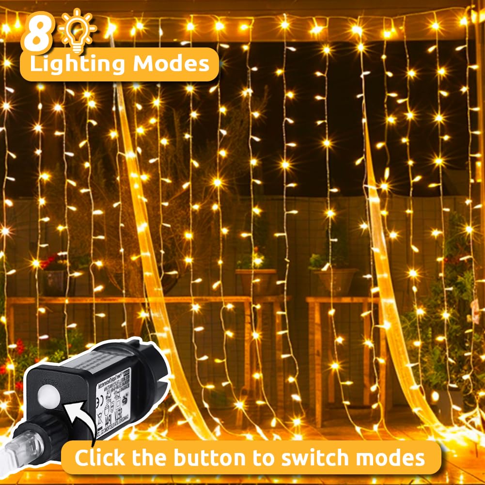 Dekofun Tenda Luminosa Natale 600 LED 6m x 3m Tenda Luci con Timer, 8 Modalità Prolungabile Tenda Luminosa Interno Impermeabile Luci Natale Esterno Cascata per Giardino, Matrimonio - Bianco Caldo