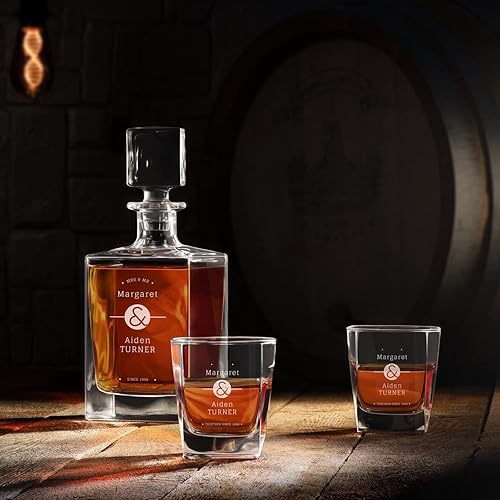 Miniatura 2 de Maverton Juego de decantador de whisky grabado para parejas, dispensador de bebidas elegante personalizado para aniversario, 6 vasos de whisky con