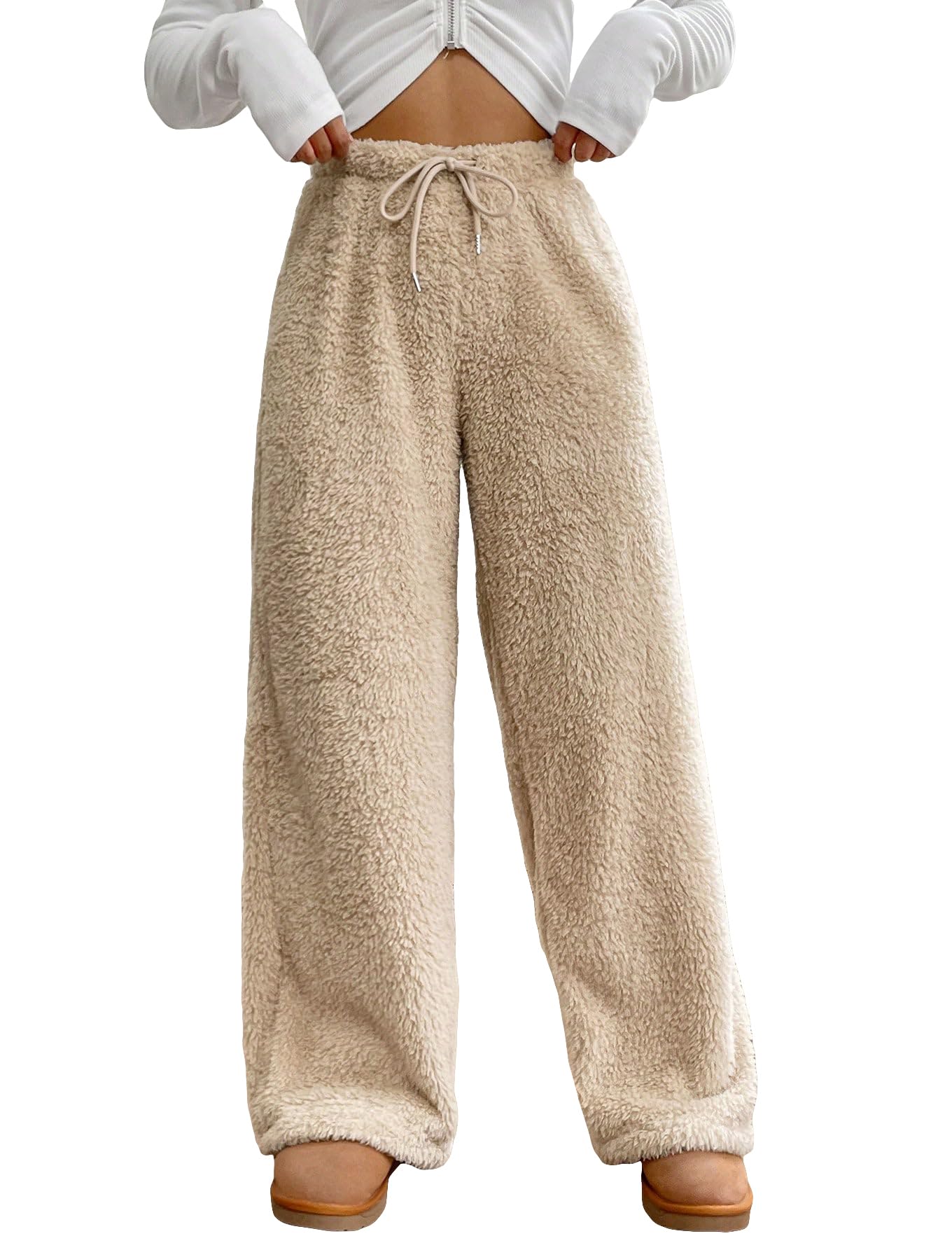 Women's Drawstring Waist Teddy Wide Leg Pants Loose Fuzzy Pants Casual Trousers