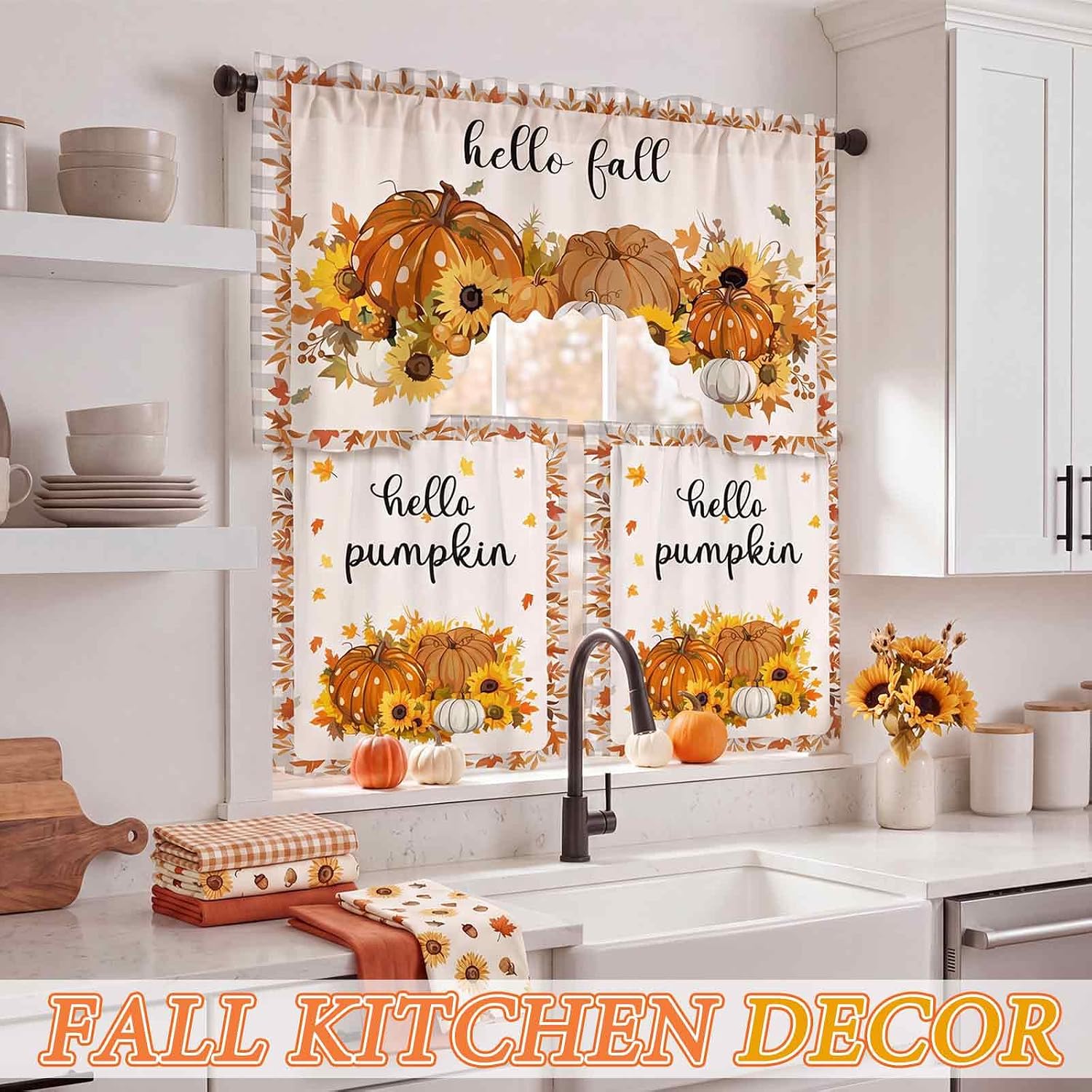 Remagr 3 Pieces Set Autumn Pumpkin Kitchen Curtains Window Curtains and Valance for Kitchen Home Bedroom Living Room Cafe Windows 60'' x 36'' Valance & 36'' x 30'' x 2 Panels