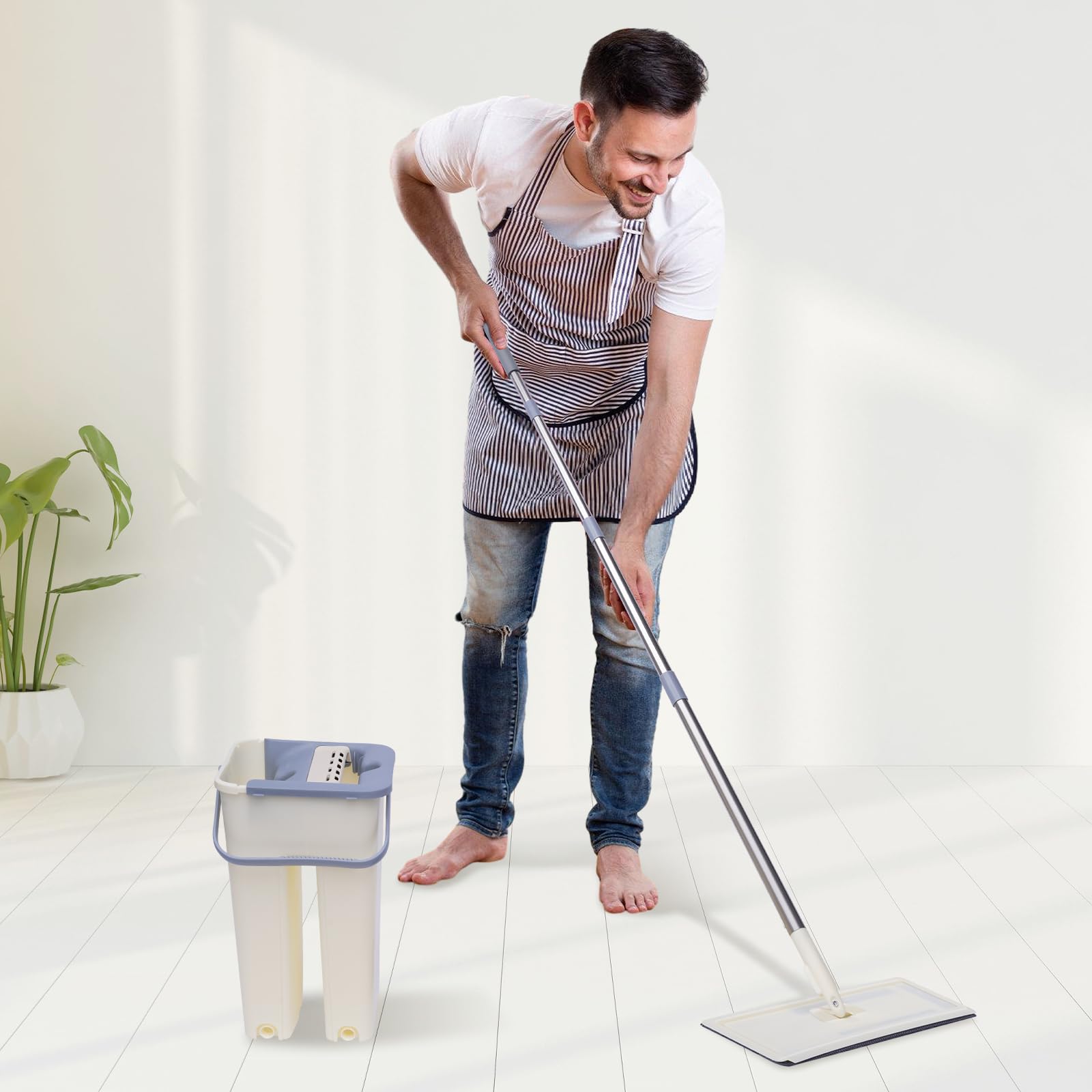 Biznesowy mop i wiadro 360° zestaw mopa i wiadra z 10 wymiennymi wiaderkami z mikrofibry, możliwość prania w pralce do czyszczenia na sucho i na mokro.