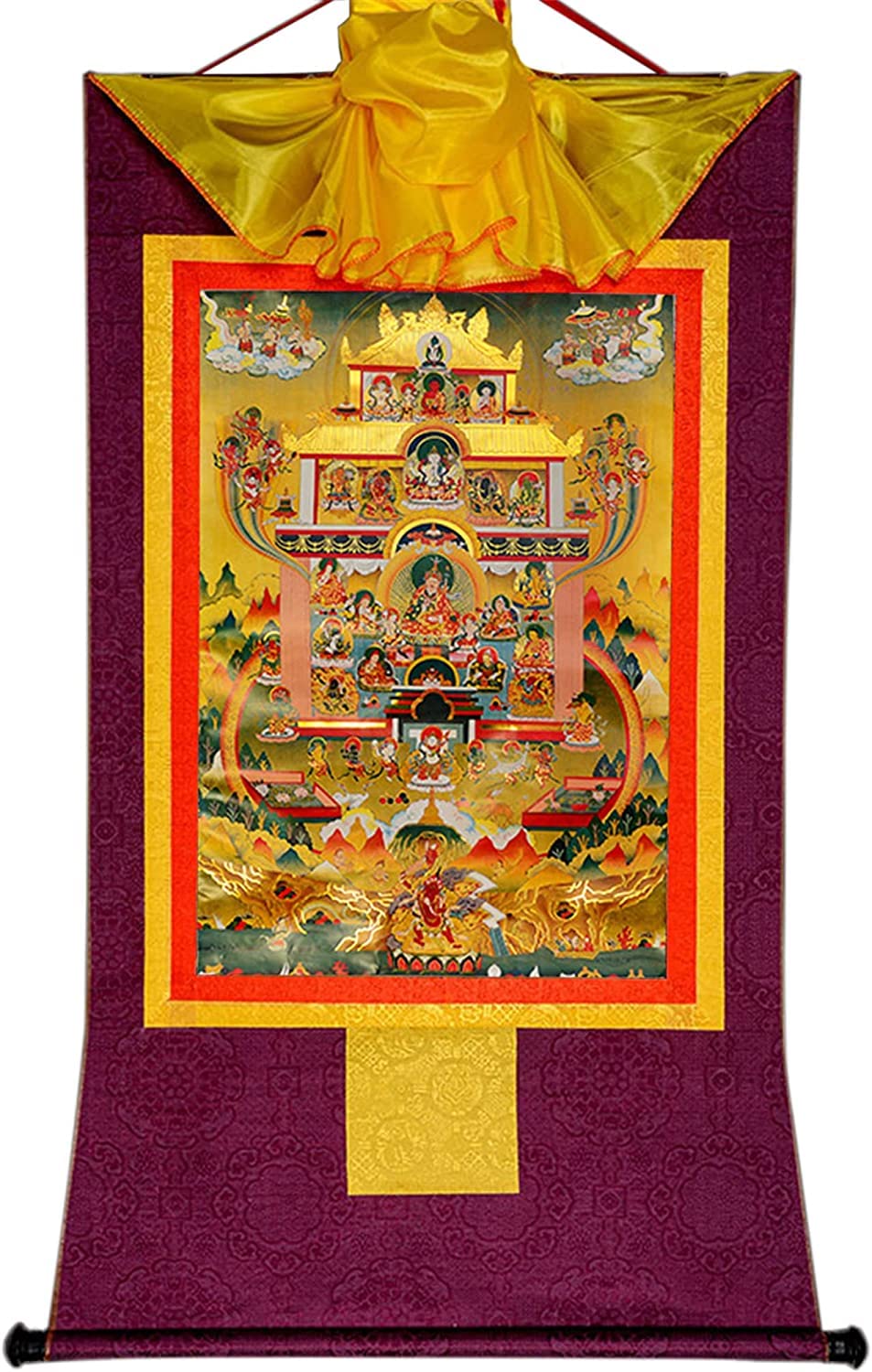 VHKJewE Guru Rinpoche in Pure Land,Elysium of Padmasambhava, Buddhist Thangka Brocade(Purple,Medium(62cm*47cm))