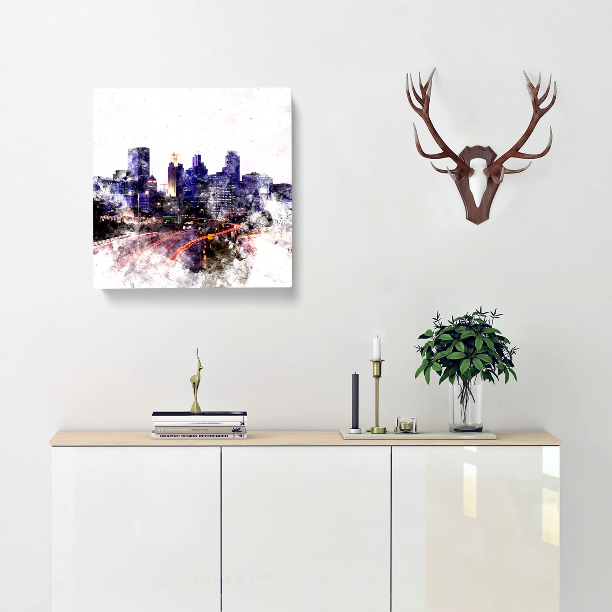 Minneapolis Skyline at Dusk Watercolour Canvas Print, Mixed, 35L x 35W cm - Image 3
