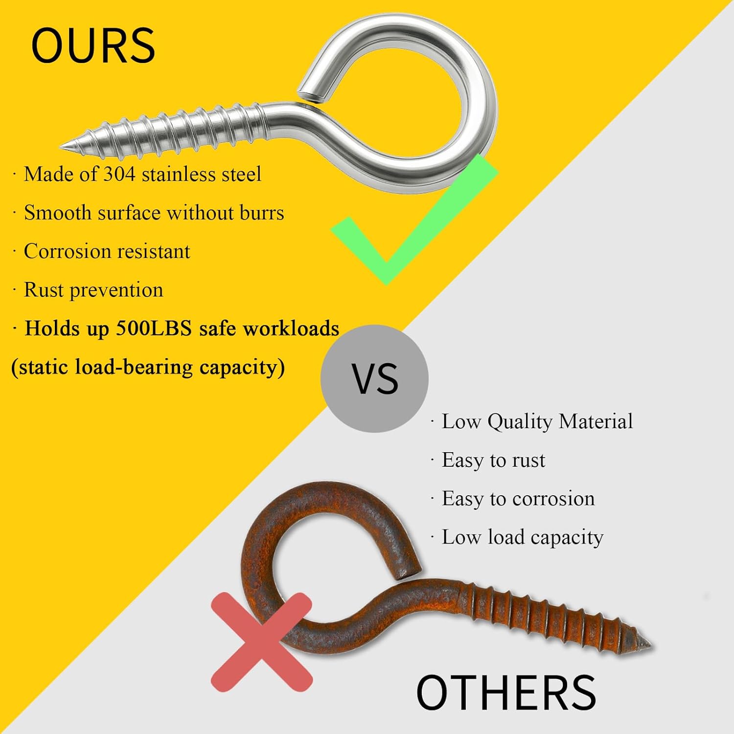 2 PCS 304 Stainless Steel Screw Eye Hooks, 4 Inch Eye Bolt Screws Heavy Duty Eye Hooks Screw, Screws Bolts Load Bearing 500LBS for Hanging Hammock, Plants, Securing Cables Wire Indoor & Outdoor (2) - Image 4