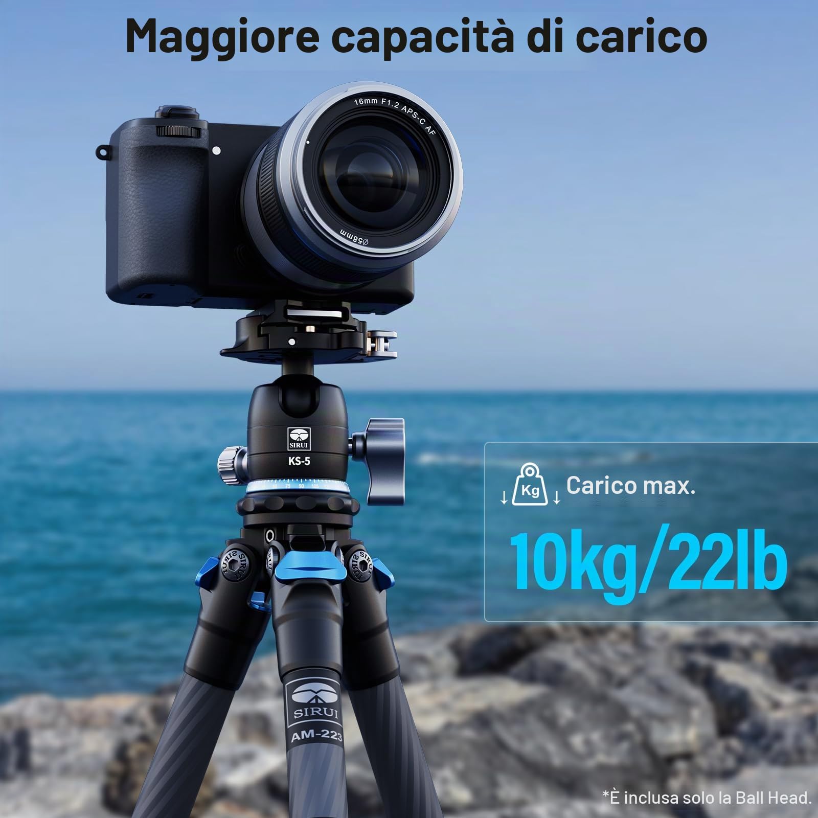 SIRUI KS-5 testa a sfera per treppiede, 29 mm testa panoramica a 360° in alluminio per fotocamera, videocamera, monopiede, max. Capacità di carico 10 kg