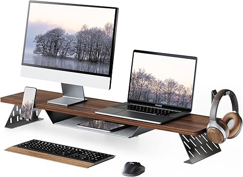 Fenge Soporte de monitor doble, elevador de monitor de 42.5 pulgadas para escritorio, estante de escritorio de madera para 2 monitores, estante de