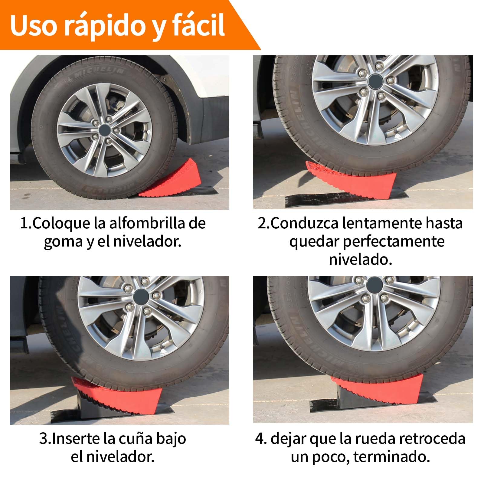 OULEME Bloques de nivelación para Caravana, 2 Paquetes, Nueva versión Incluye 2 rampas niveladoras curvadas, 2 cuñas, 2 Alfombrillas de Goma, 1 Nivel de Burbuja en T, 1 Bolsa de Transporte para