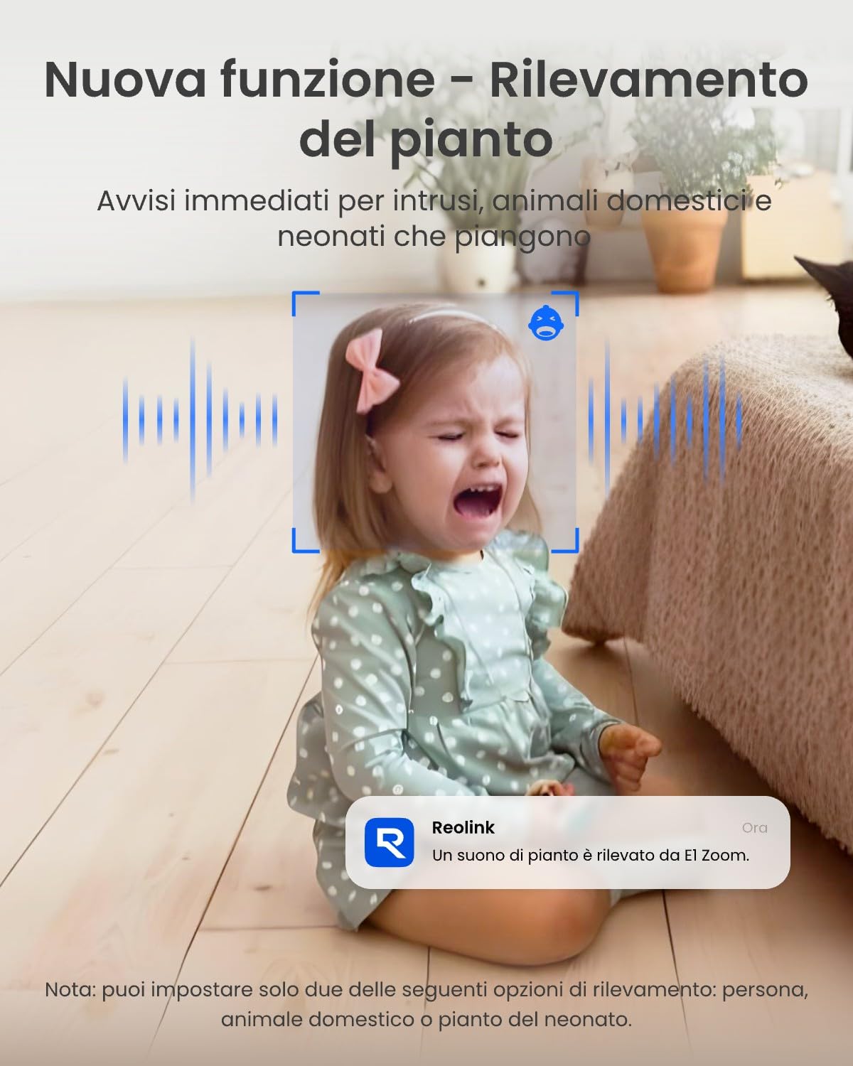 Reolink 5MP Telecamera WiFi Interno, Wi-Fi a Doppia Banda 2.4/5 GHz, Apertura F1.6, Rilevamento Uomo/Animale/Pianto, Copertura a 360°, Inseguimento Automatico, Supporta Alexa, Modalità Privacy, E1 Pro