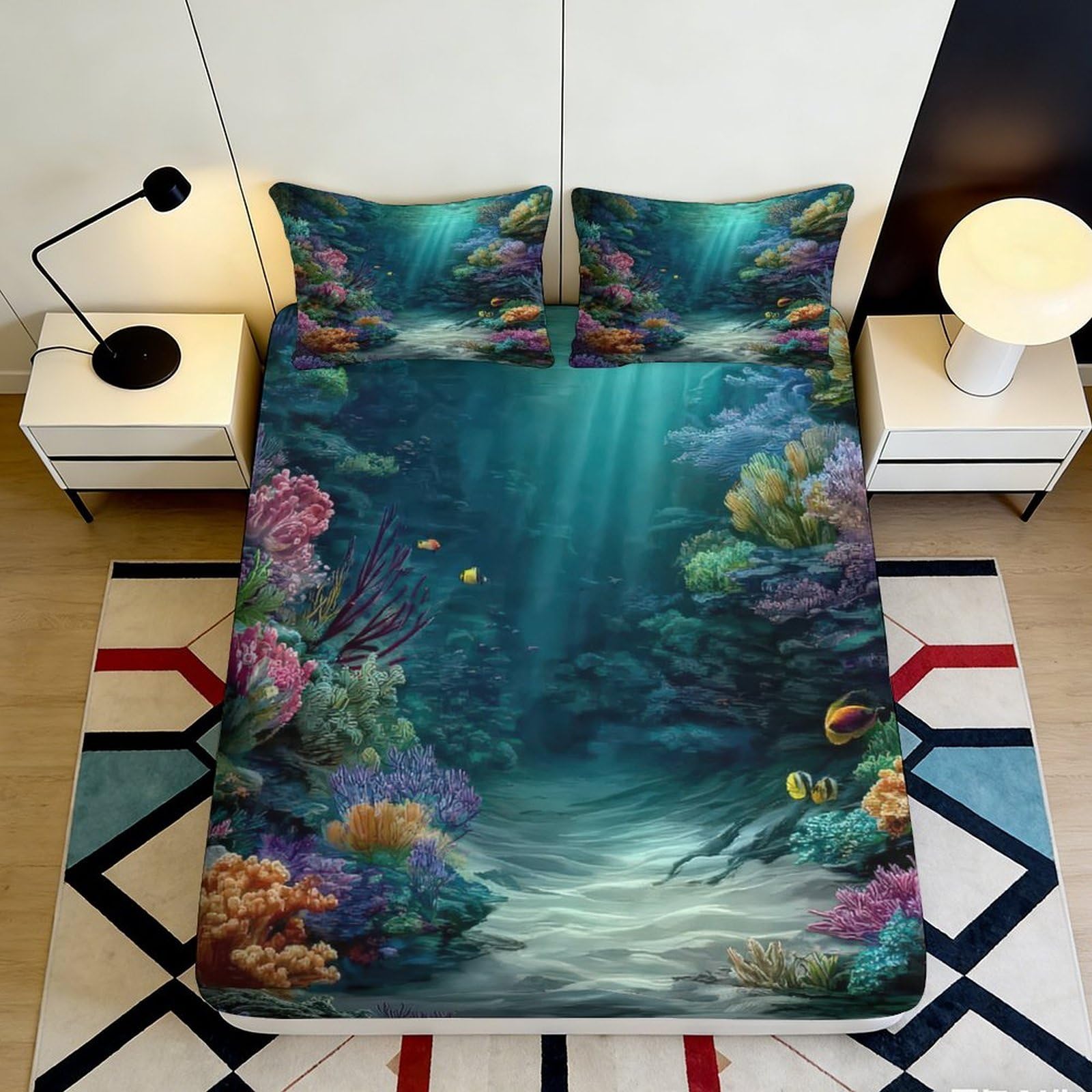 Pnayamiorkfel Style-3 3D Printed Underwater Coral Reef Fitted Sheet Microfiber Soft Ocean Scene Bed Cover For Home Bedroom Decor 90X200x25cm