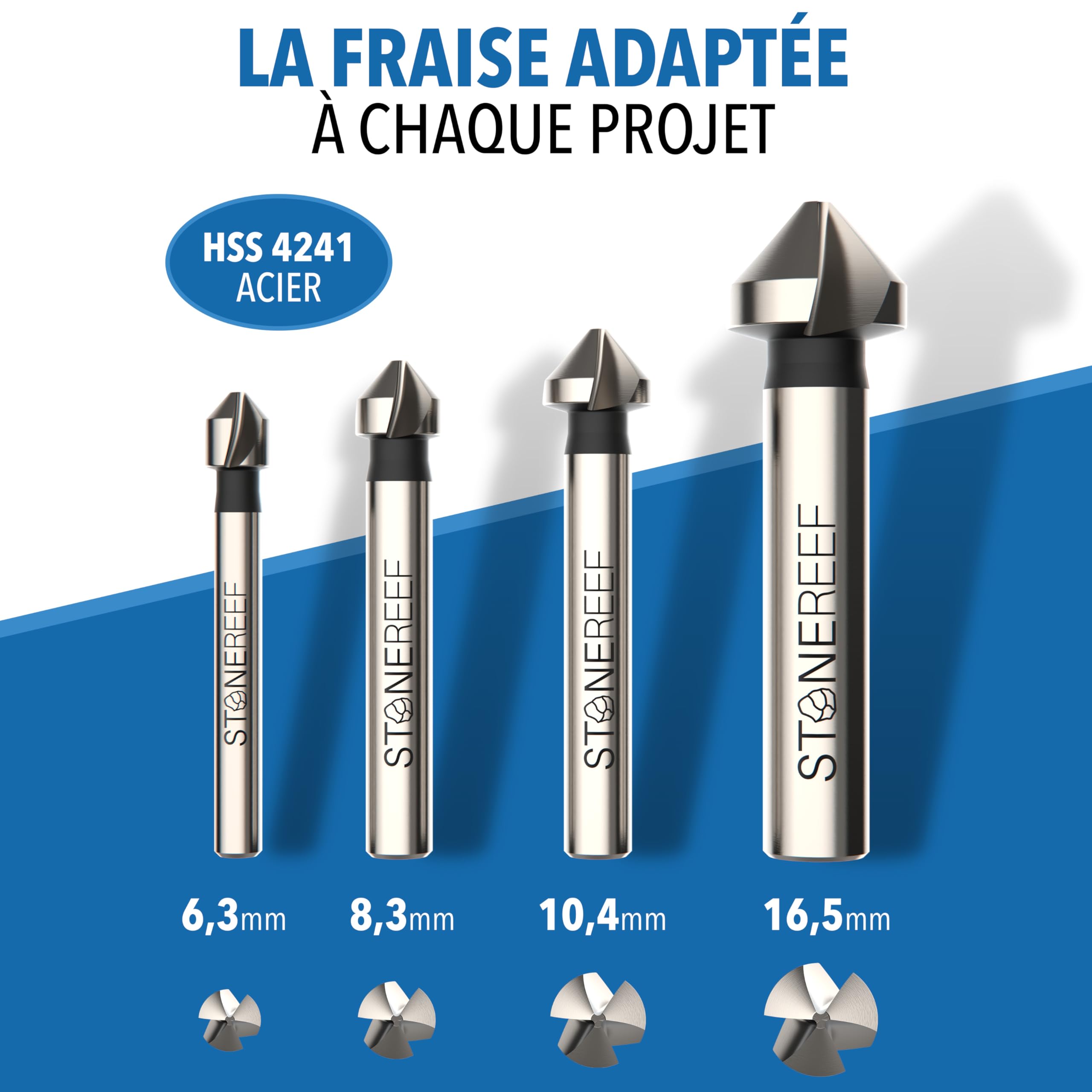 Lot de 4 fraises coniques [6,3, 8,3, 10,5, 16,5 mm] HSS pour métal et bois – Fraise à métal, fraise à bois – Extra tranchant grâce au ponçage industriel – S'adapte aux mandrins courants – Avec boîte