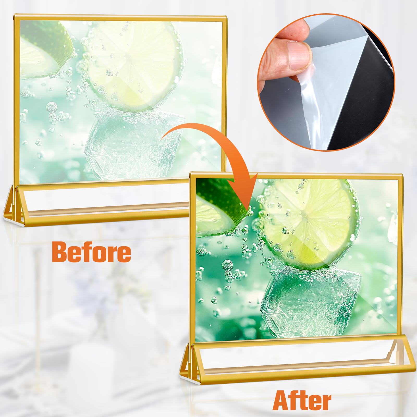 Paquete de 8 soportes acrílicos para letreros con borde dorado, marcos de fotos transparentes de doble cara, soportes de números de mesa de 6 x 4, soportes horizontales para menú para boda