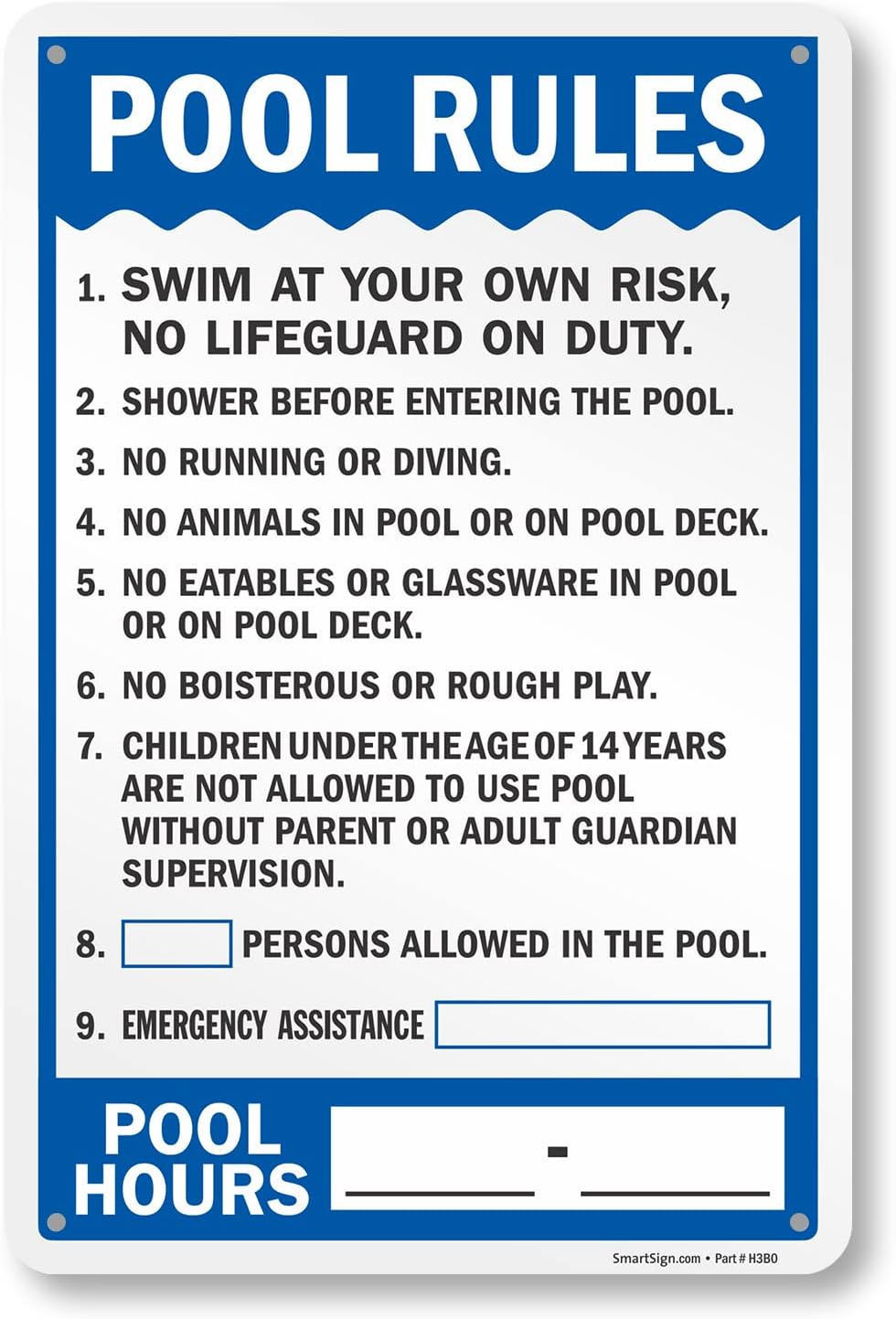 SmartSign 24" x 18" 'Pool Rules Swim At Your Own Risk, Shower Before Entering, Emergency Assistance, Pool Hours' Metal Sign Write-On, 80 mil 3M Laminated EG Reflective, Blue/White, USA-Made