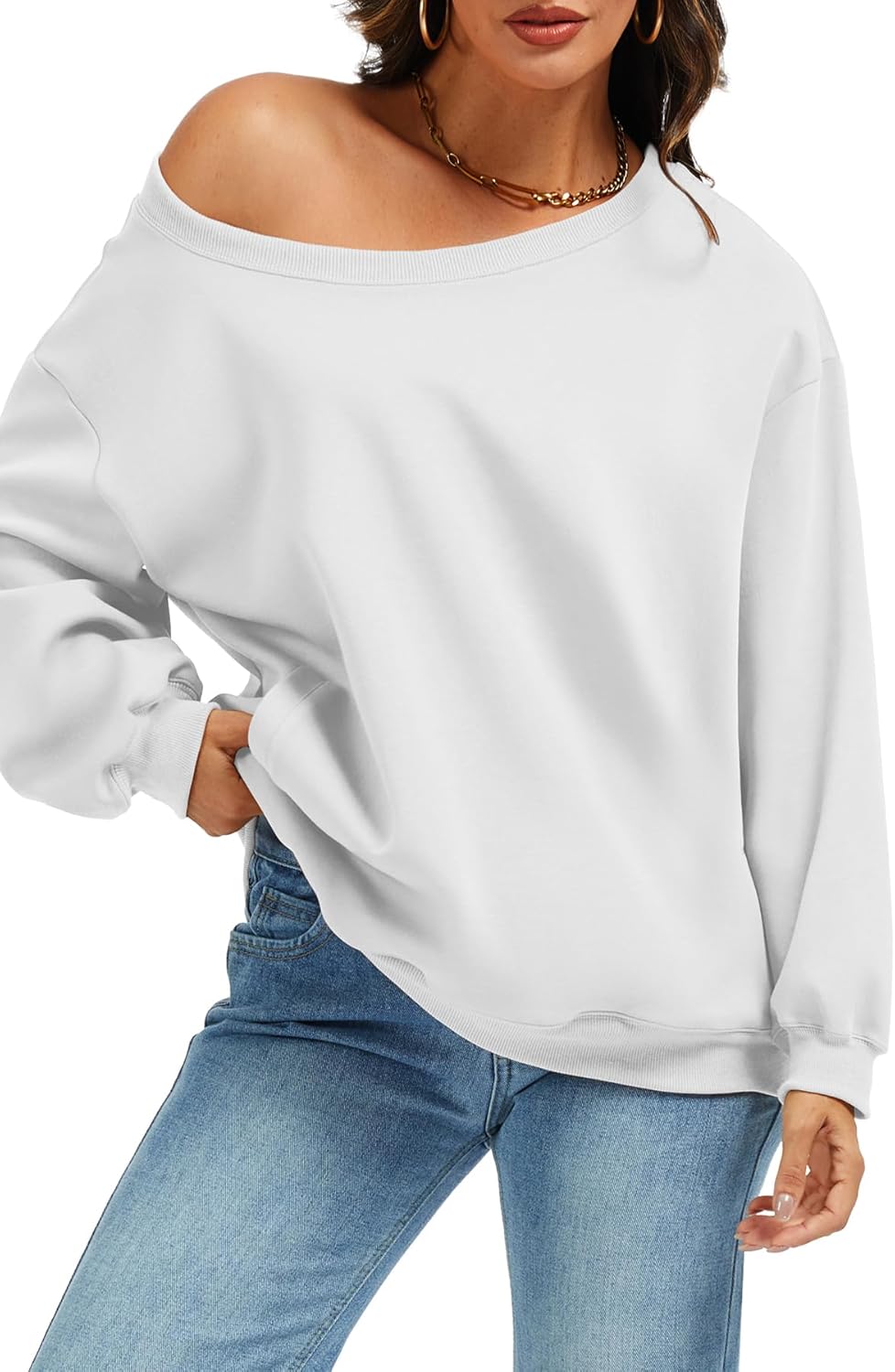 ELLEVEN Women’s Off Shoulder Sweatshirt, Casual Long Sleeve Pullover Tops with Pockets