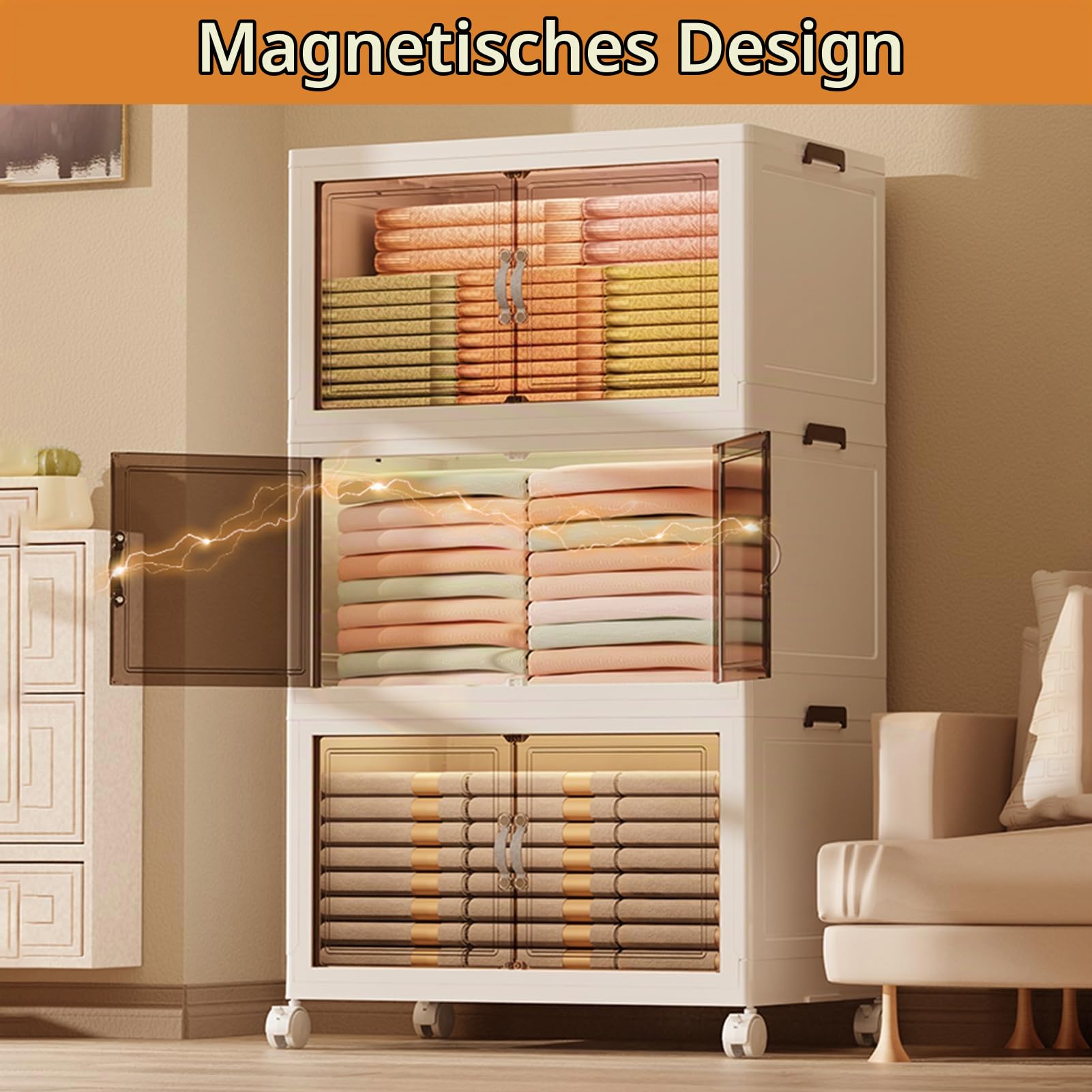 DreamHaven Faltbare Aufbewahrungsboxen mit Türen stapelbare Aufbewahrungsboxen aus Kunststoff und Rädern Aufbewahrungsbox Organizer für Schlafzimmer Badezimmer Küche Wohnzimmer，5-stöckige