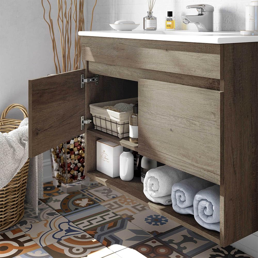 Inbagno Mobile bagno sospeso 80 cm, 2 ante e vano a giorno serie Oasi, colore rovere con venatura naturale, COMPLETO di lavabo in ceramica e specchiera